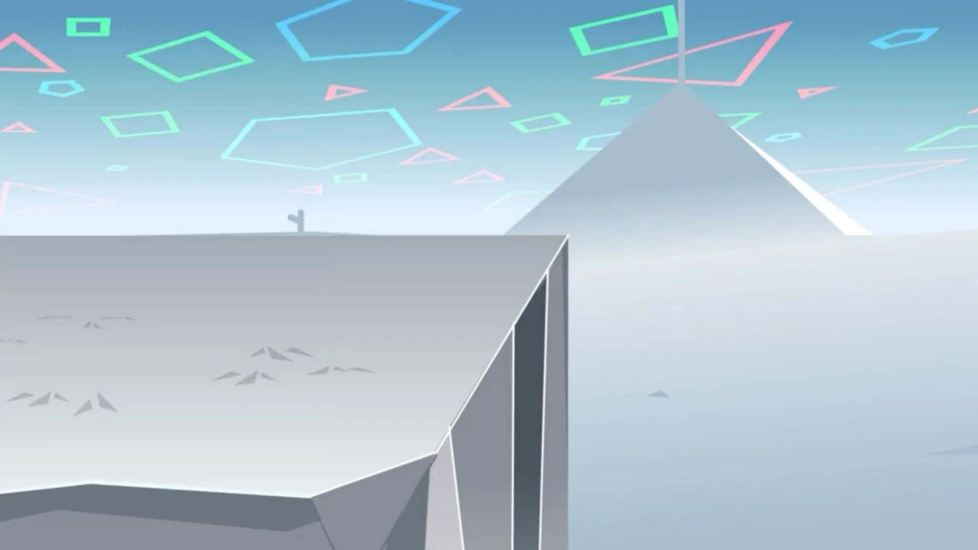 Bfdi 桌布 壁紙 — 在漸變天空下，單色金字塔上方漂浮著幾何形狀的極簡數位景觀。