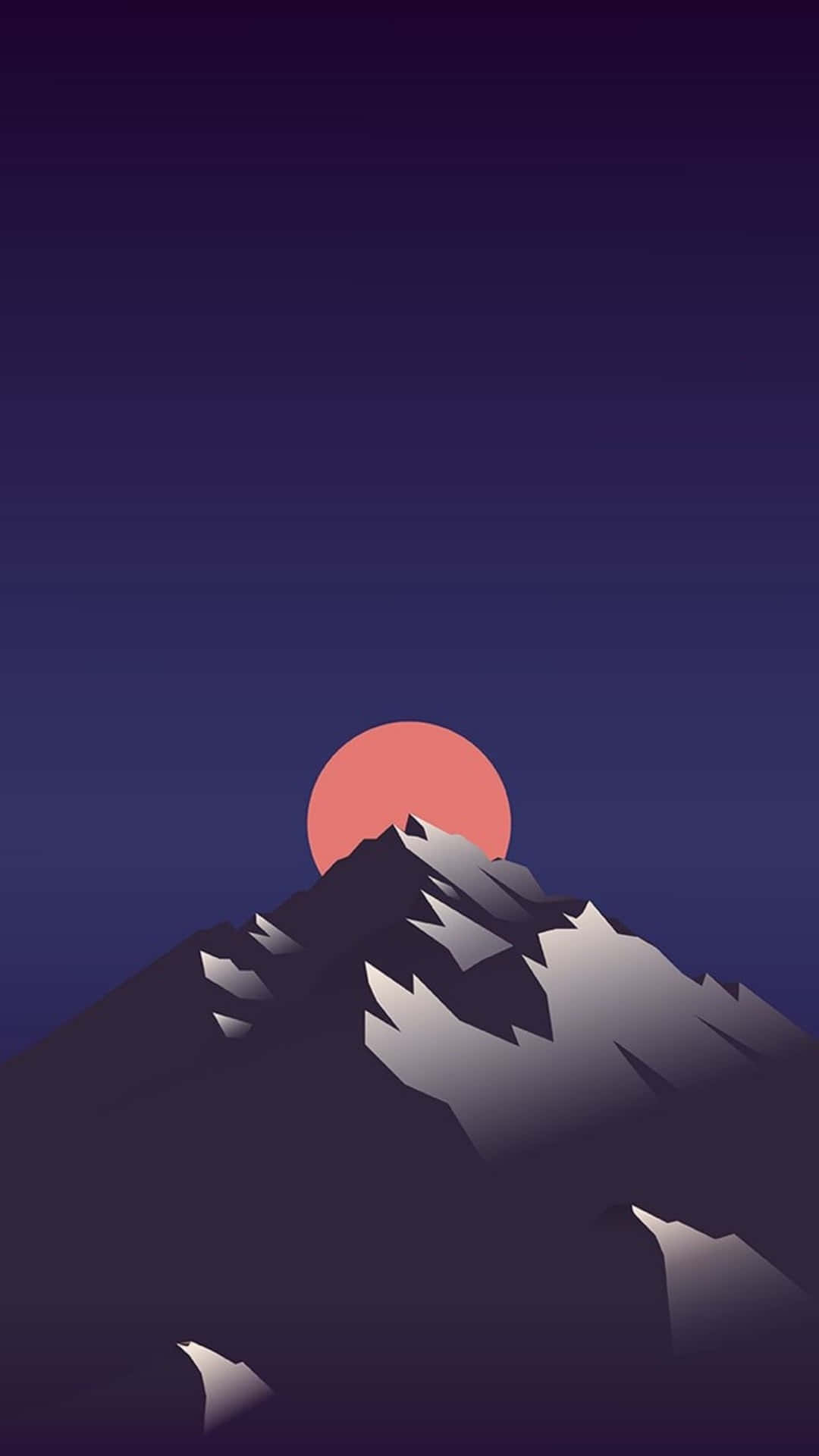 Minimal iPhone 桌布 壁紙 — 在漸變暮色天空下，一座極簡主義的山脈剪影在發光的珊瑚色太陽下方聳立。