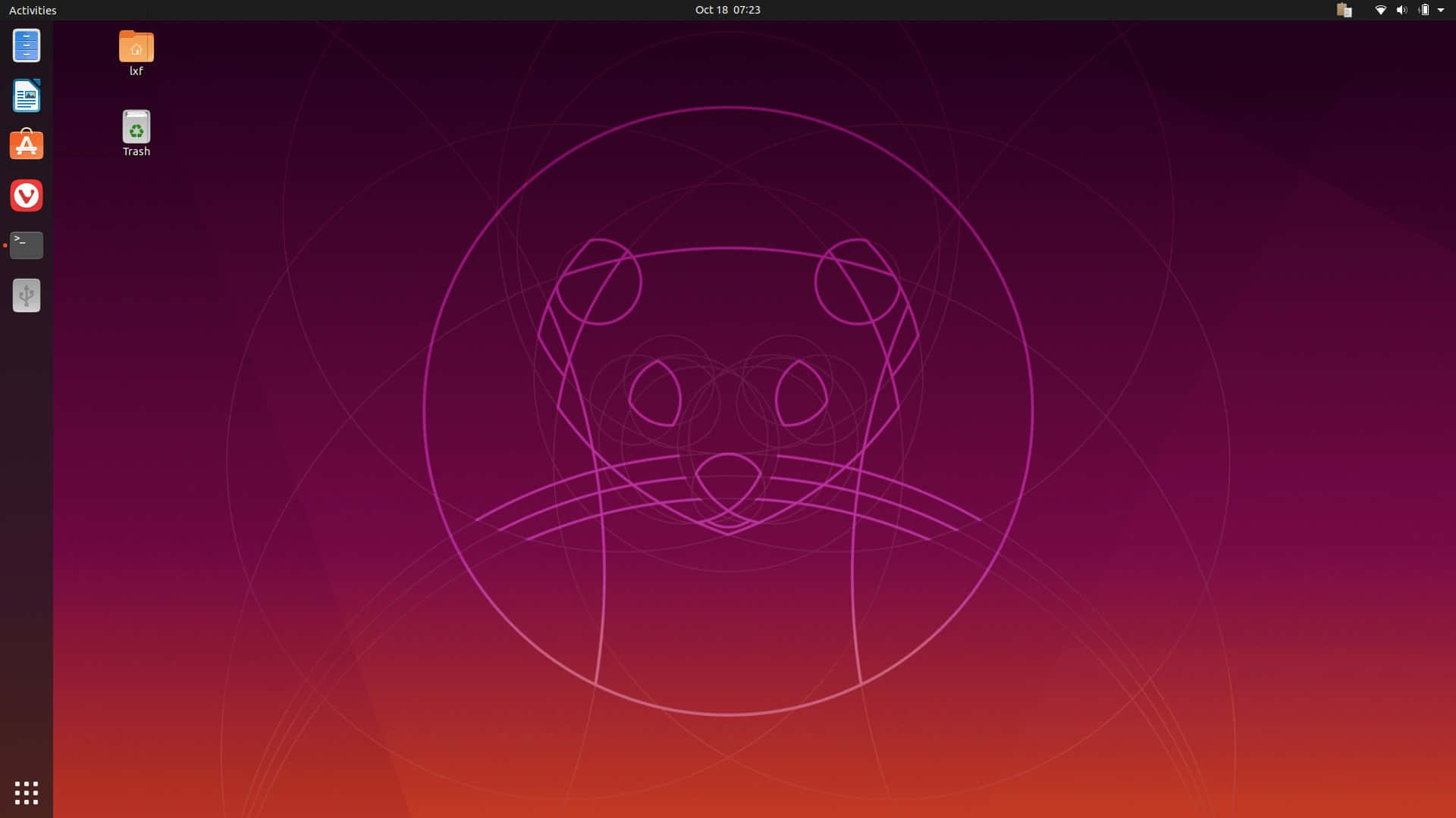 ubuntu 桌布 壁紙 — 在漸變桌面背景上，同心圓內的貓臉極簡紫色輪廓。