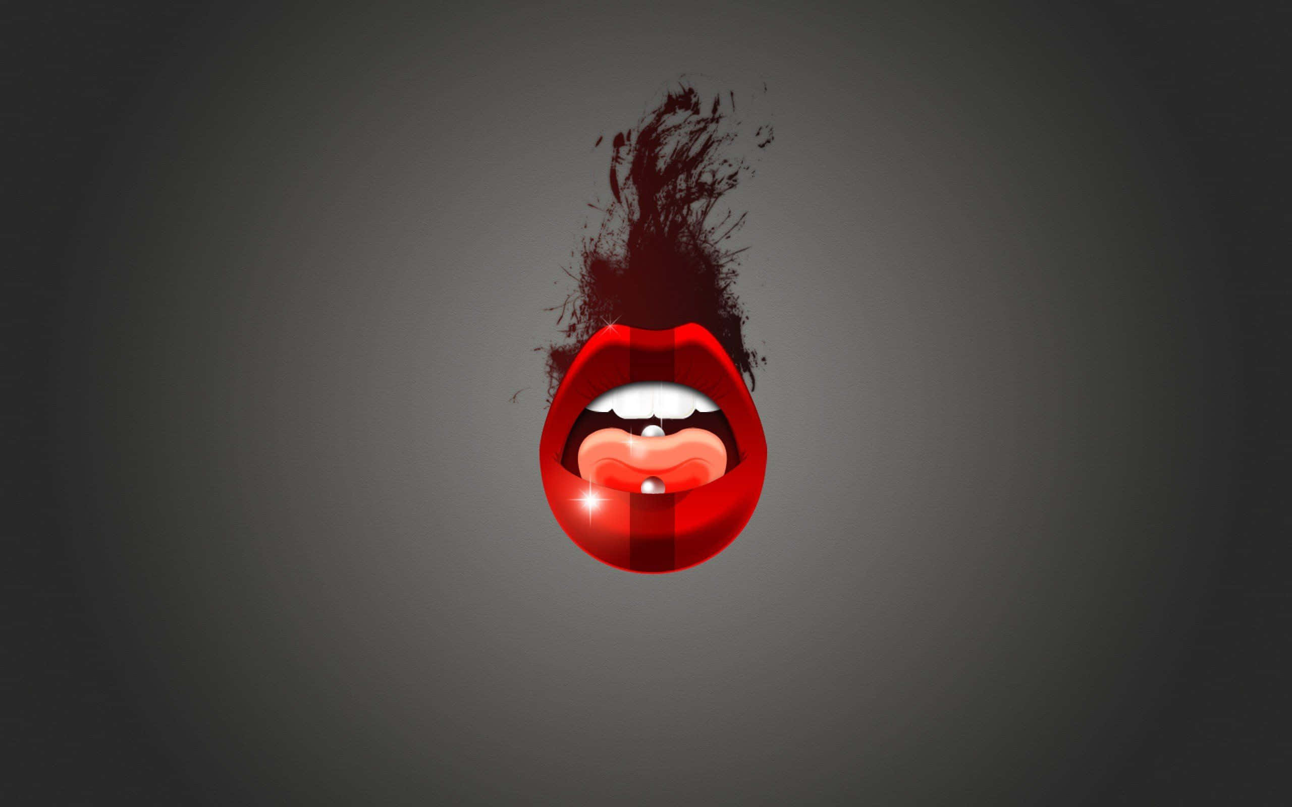 red lips 桌布 壁紙 — 在漸變灰色背景上，帶有深色飛濺圖案的亮面紅唇圖形。