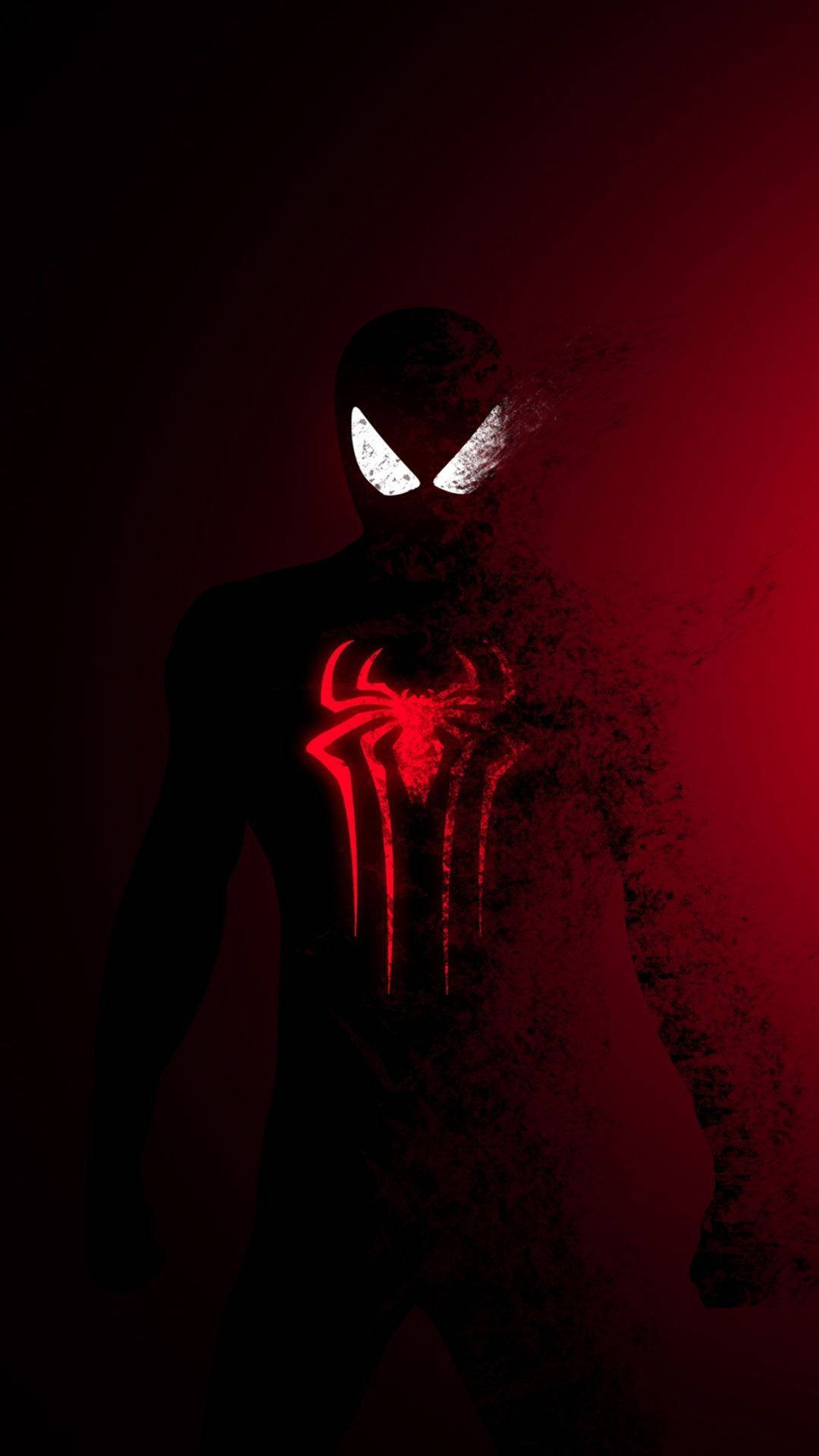 4K marvel iPhone 桌布 壁紙 — 在漸變紅色背景上，帶有發光白色眼睛和紅色共生體標誌的猛毒黑暗剪影。