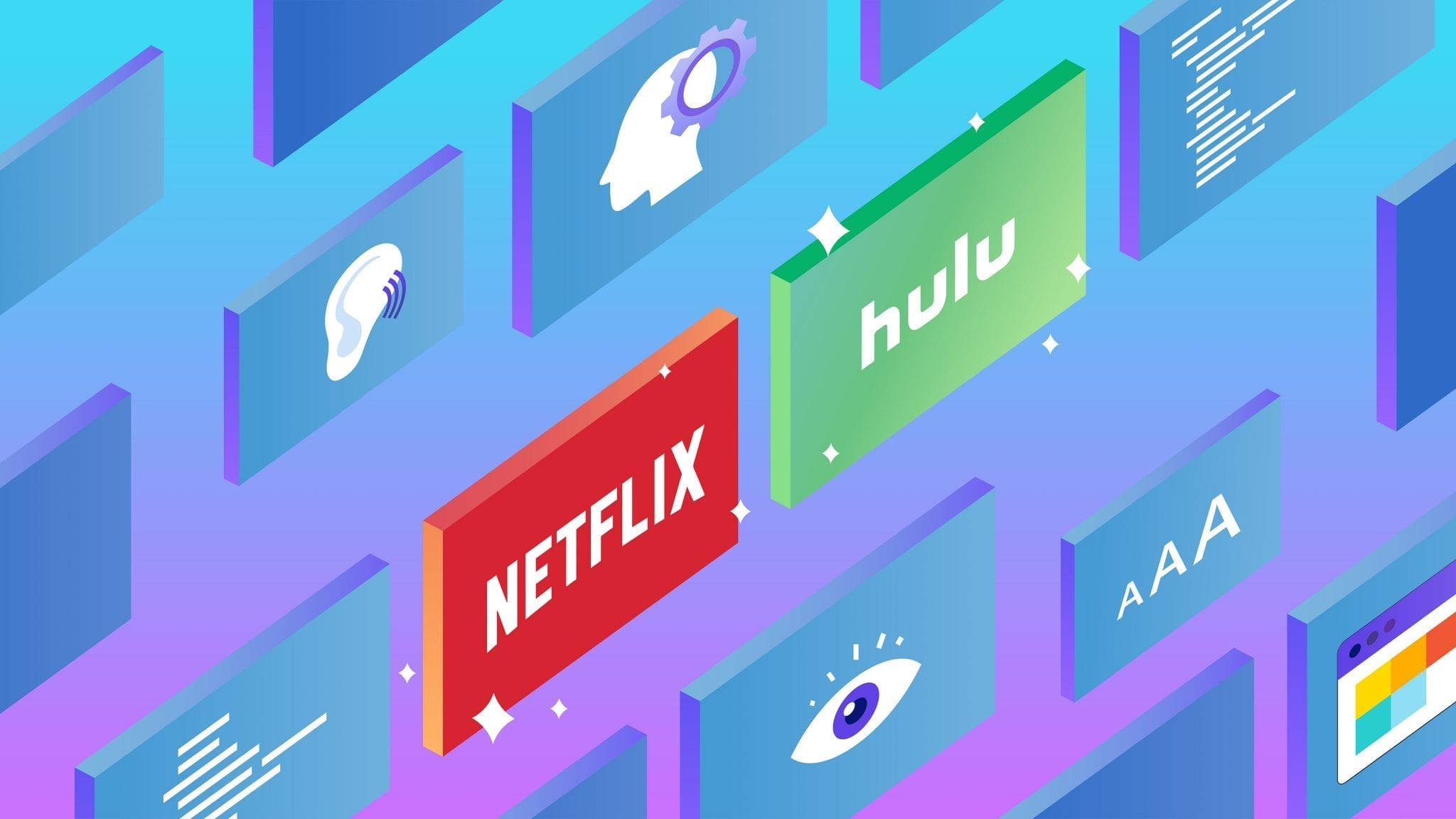 Hulu 桌布 壁紙 — 在漸變紫色和藍色背景上漂浮的串流服務標誌的等距數位插圖。