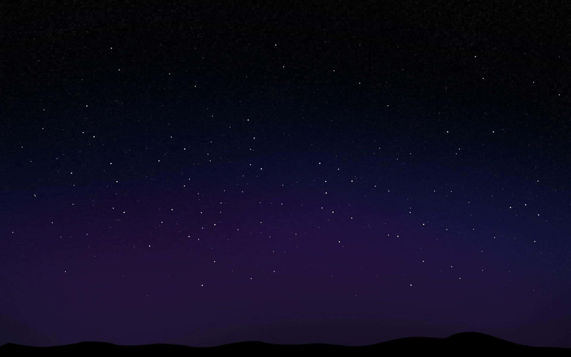 Starry Sky 桌布 壁紙 — 在漸變紫色和黑色畫布下，寧靜的夜空閃爍著星星，映照著黑暗的輪廓山丘。