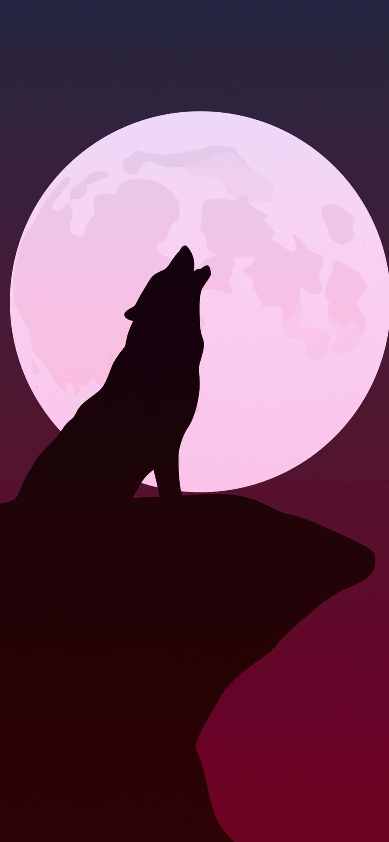 Wolf Minimalist 桌布 壁紙 — 在漸變紫色天空中，一隻狼的剪影在懸崖上對著巨大的粉紅色月亮嚎叫。