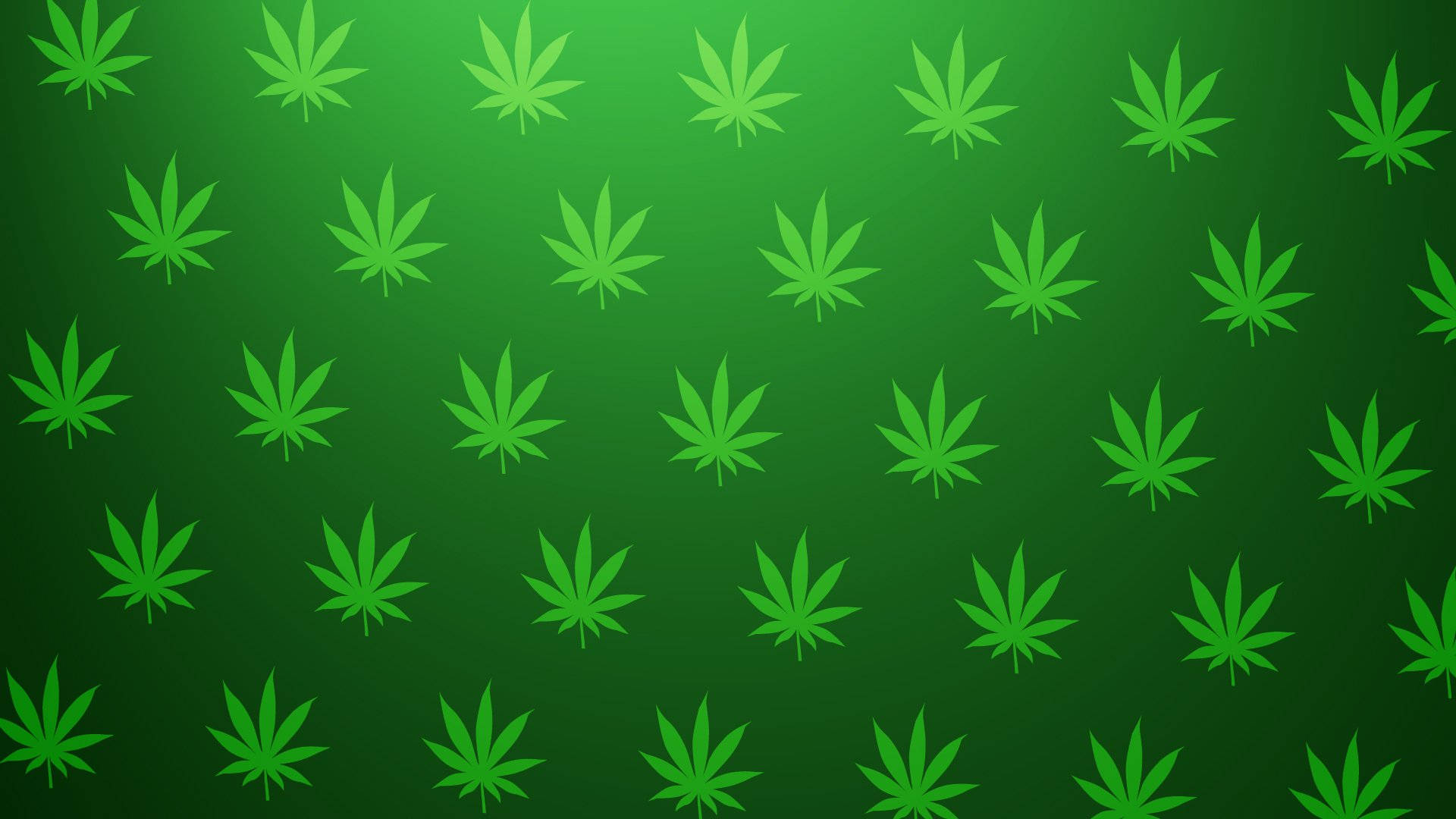 迷幻 桌布 壁紙 — 在漸變綠色背景上重複的亮綠色大麻葉剪影圖案。