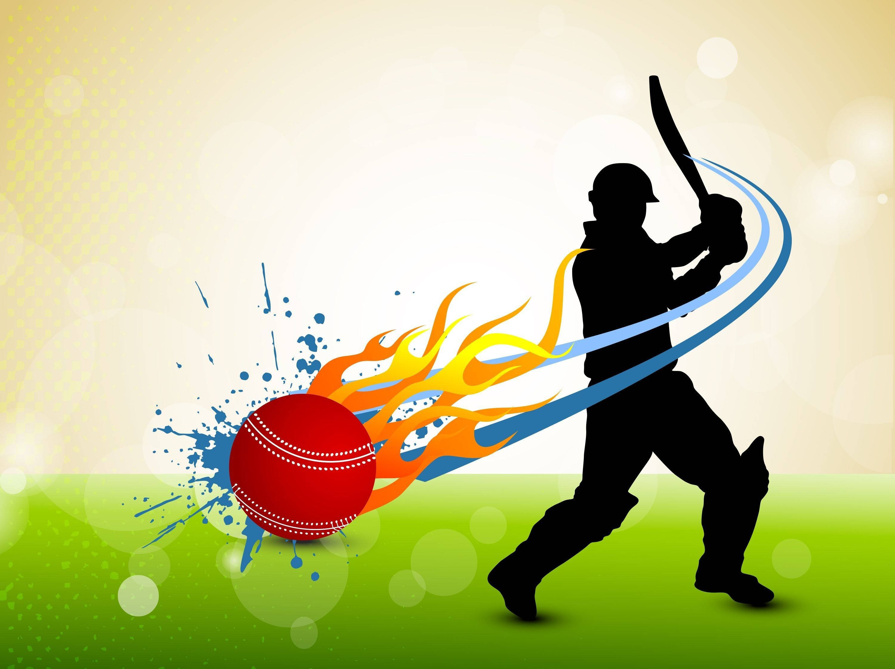 Cricket 桌布 壁紙 — 在漸變背景上，一名板球擊球手的剪影擊打一個帶有火熱橙色軌跡和藍色飛濺的紅色球。