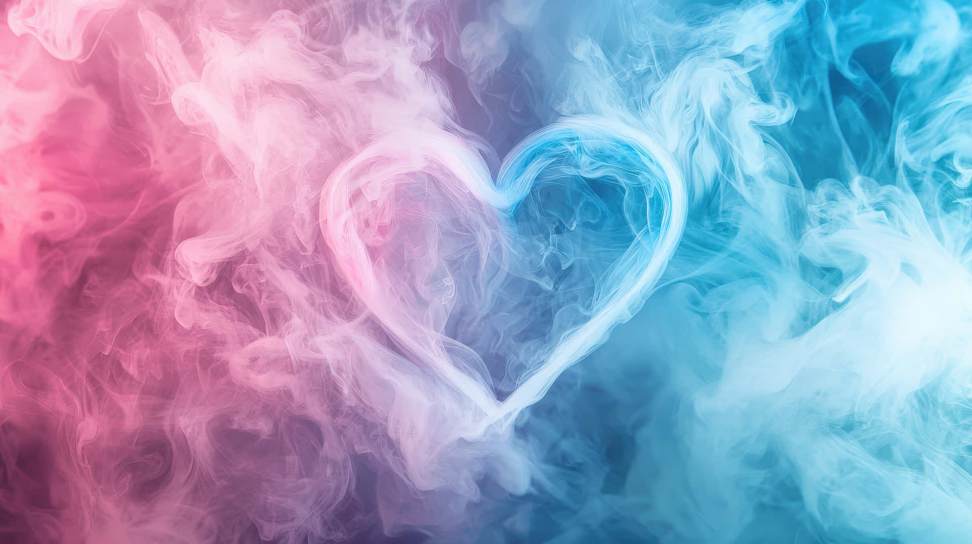 Heart Shape Formed by Pink and Blue Smoke 壁紙 — 在漸變背景上，由旋轉的粉紅色和藍色煙霧形成的心形。