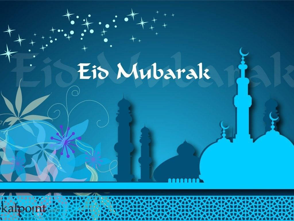 Eid Mubarak 桌布 壁紙 — 在漸變藍色夜空下，帶有清真寺輪廓和花卉圖案的Eid Mubarak祝福，點綴著閃爍的星星。