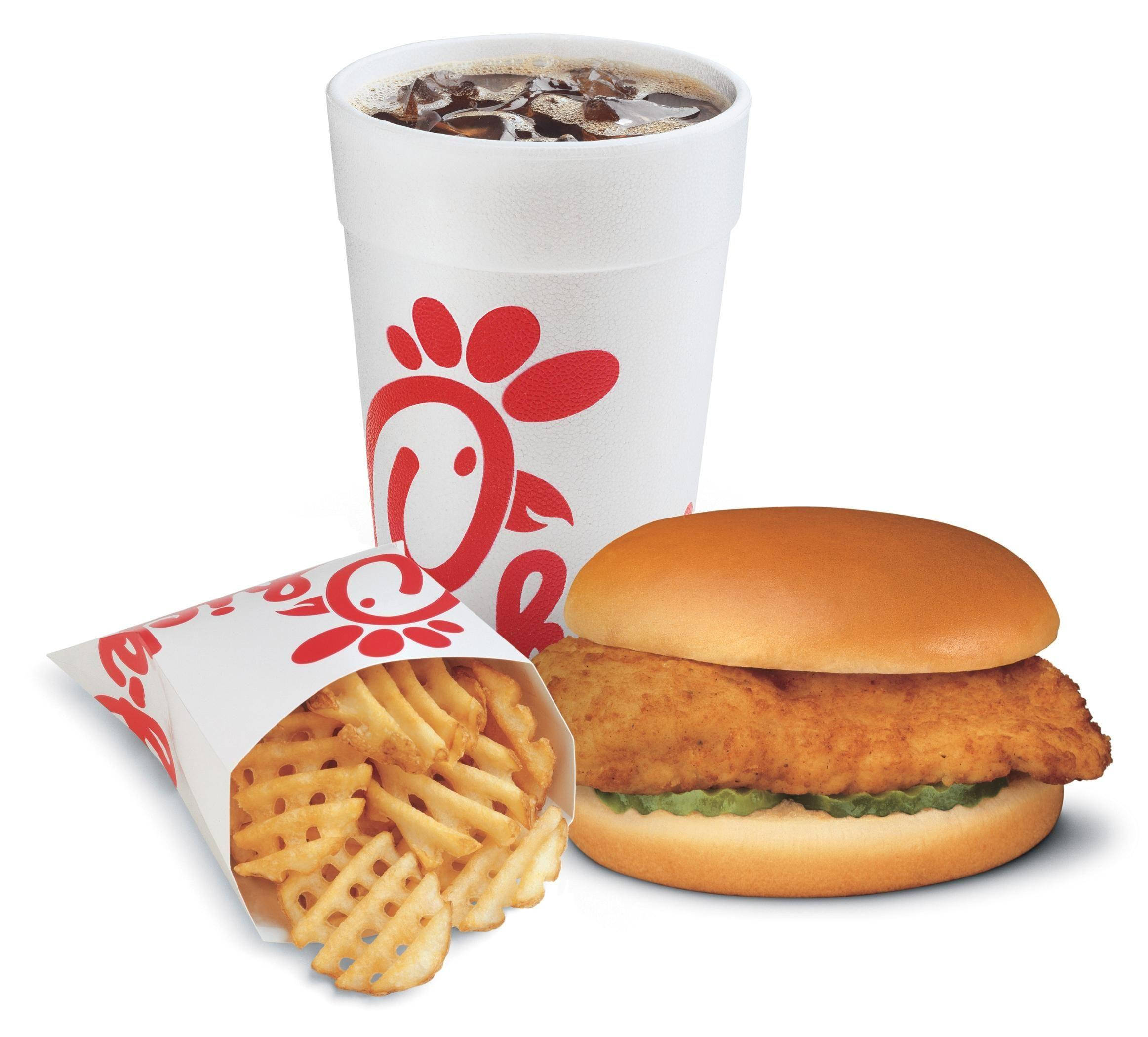 chick 桌布 壁紙 — 在潔白背景上，Chick-fil-A 雞肉三明治、格子薯條和冰咖啡，均以品牌包裝呈現。