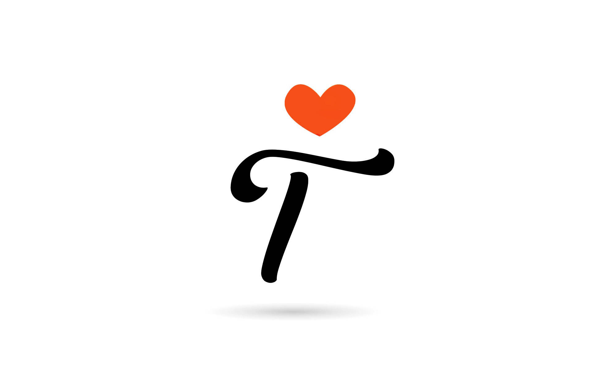 t 桌布 壁紙 — 在潔白背景上，一個風格化的黑色字母T，上方有一個亮橙色的心形。
