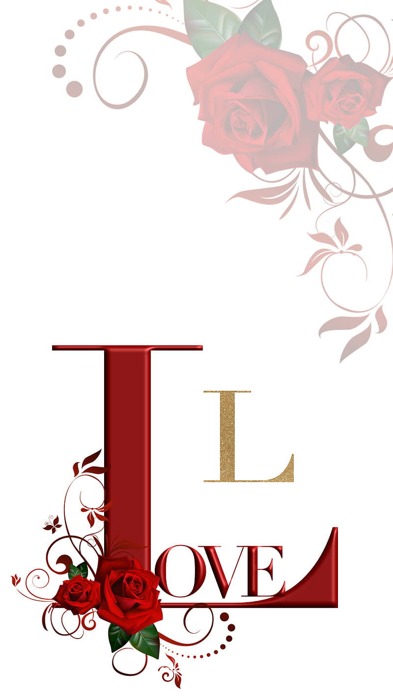 L 桌布 壁紙 — 在潔白背景上，以鮮紅玫瑰和優雅旋轉花紋點綴的醒目紅金色「LOVE」字樣。