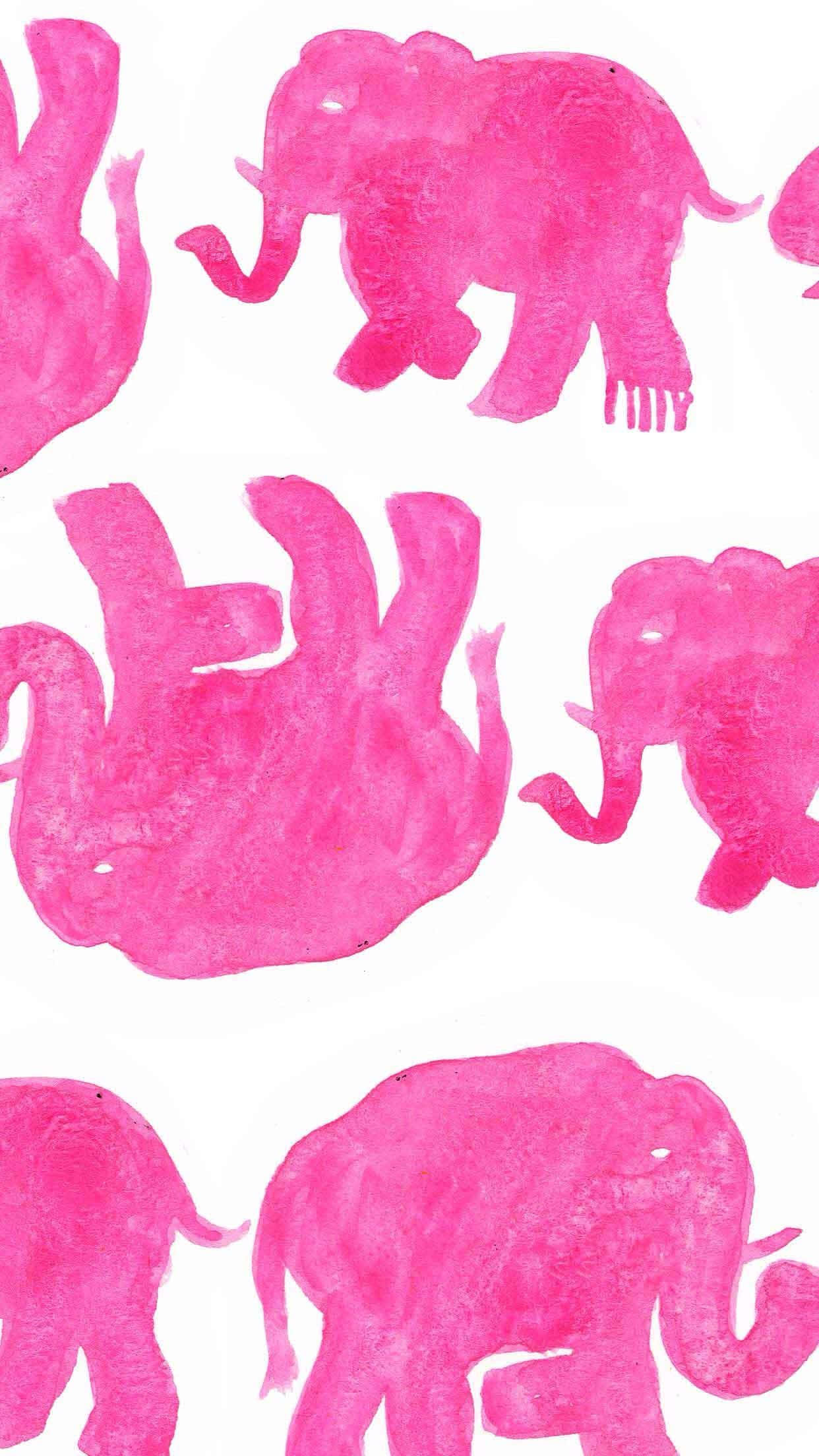 Pink Elephant 桌布 壁紙 — 在潔白背景上，以鮮豔粉紅色水彩繪畫的調皮大象，姿態各異。