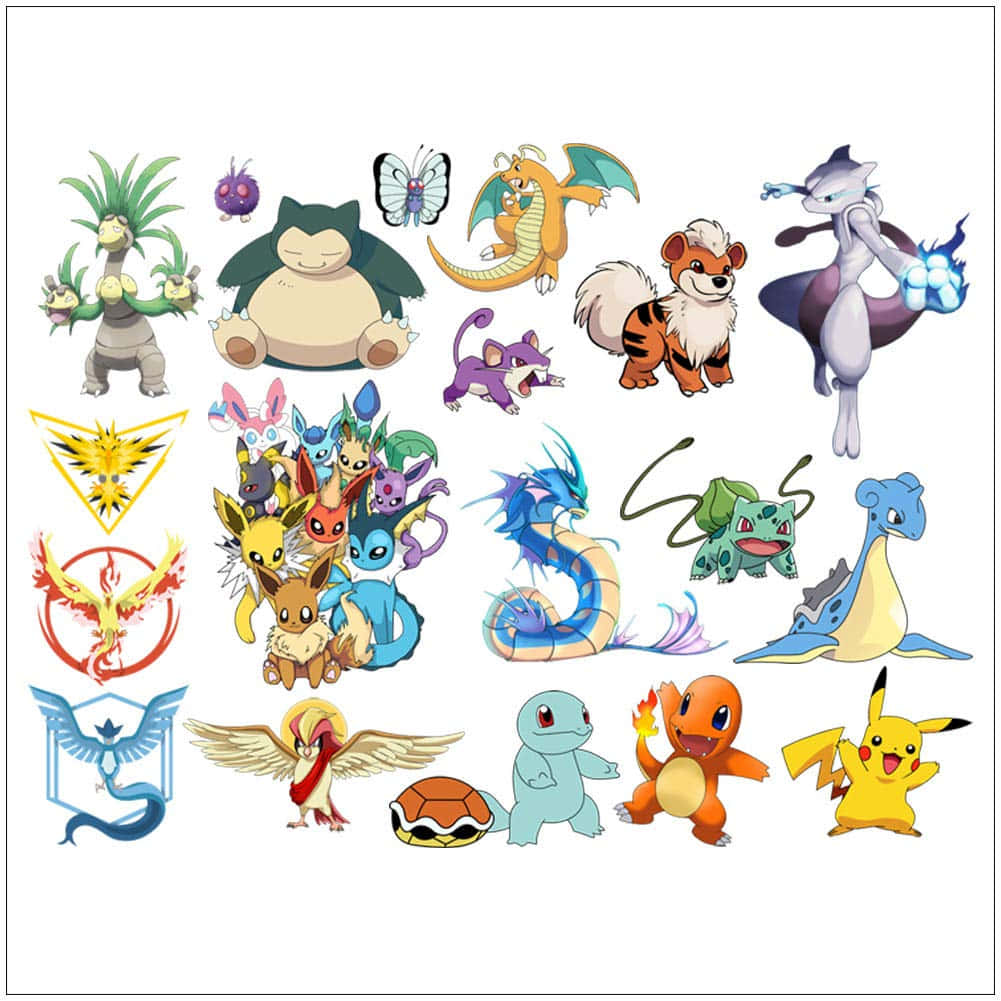 Pokemon Stickers 桌布 壁紙 — 在潔白背景上以網格排列的標誌性寶可夢角色及其元素符號的鮮豔合集。