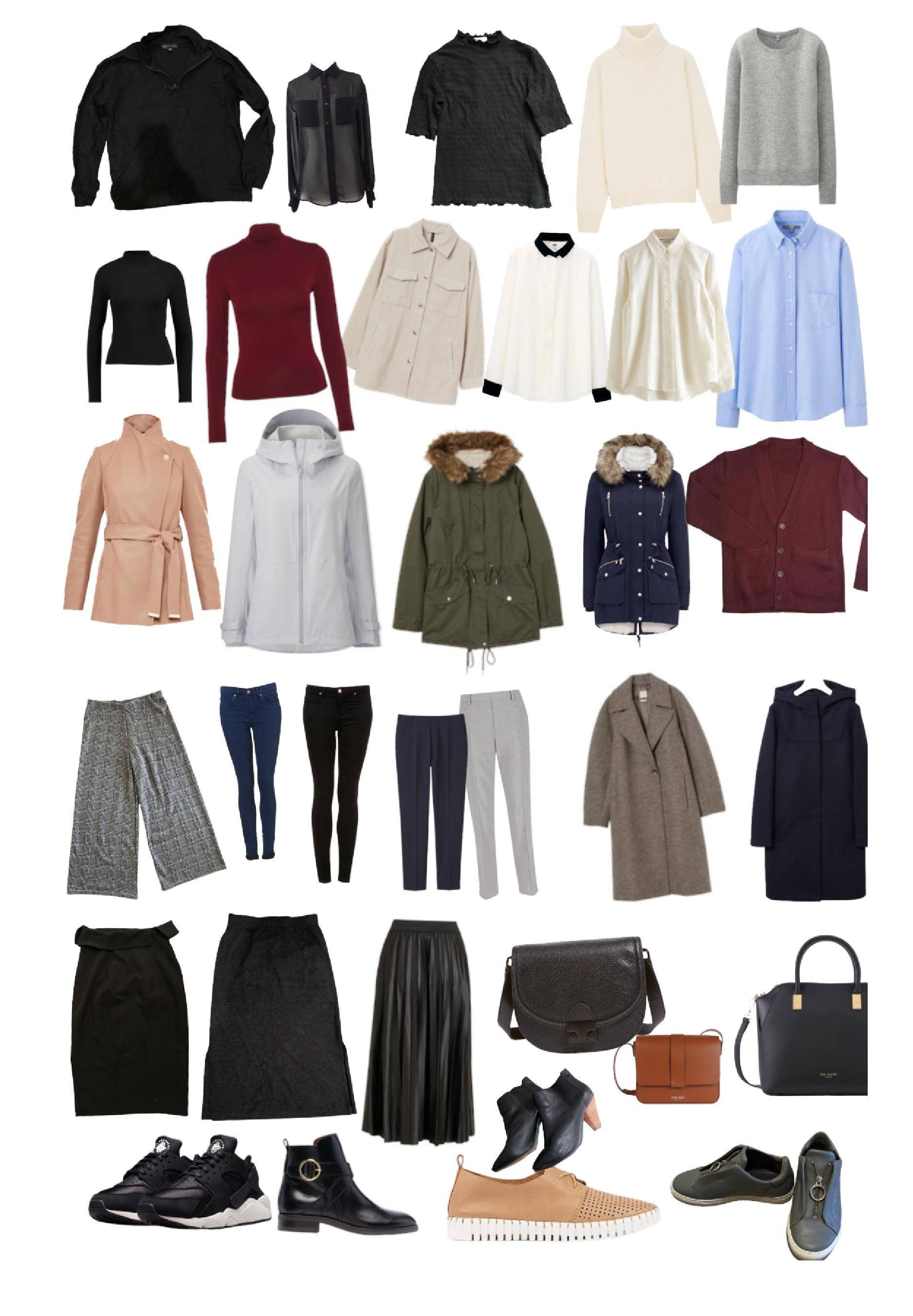 Clothes 桌布 壁紙 — 在潔白背景上精心佈置的現代女性服裝和配件，採用中性柔和色調的平鋪展示。