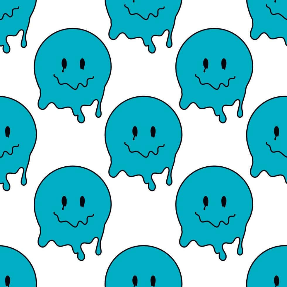 Smile 桌布 壁紙 — 在潔白背景上重複出現帶黑色輪廓的歡樂青綠色水滴形笑臉圖案。