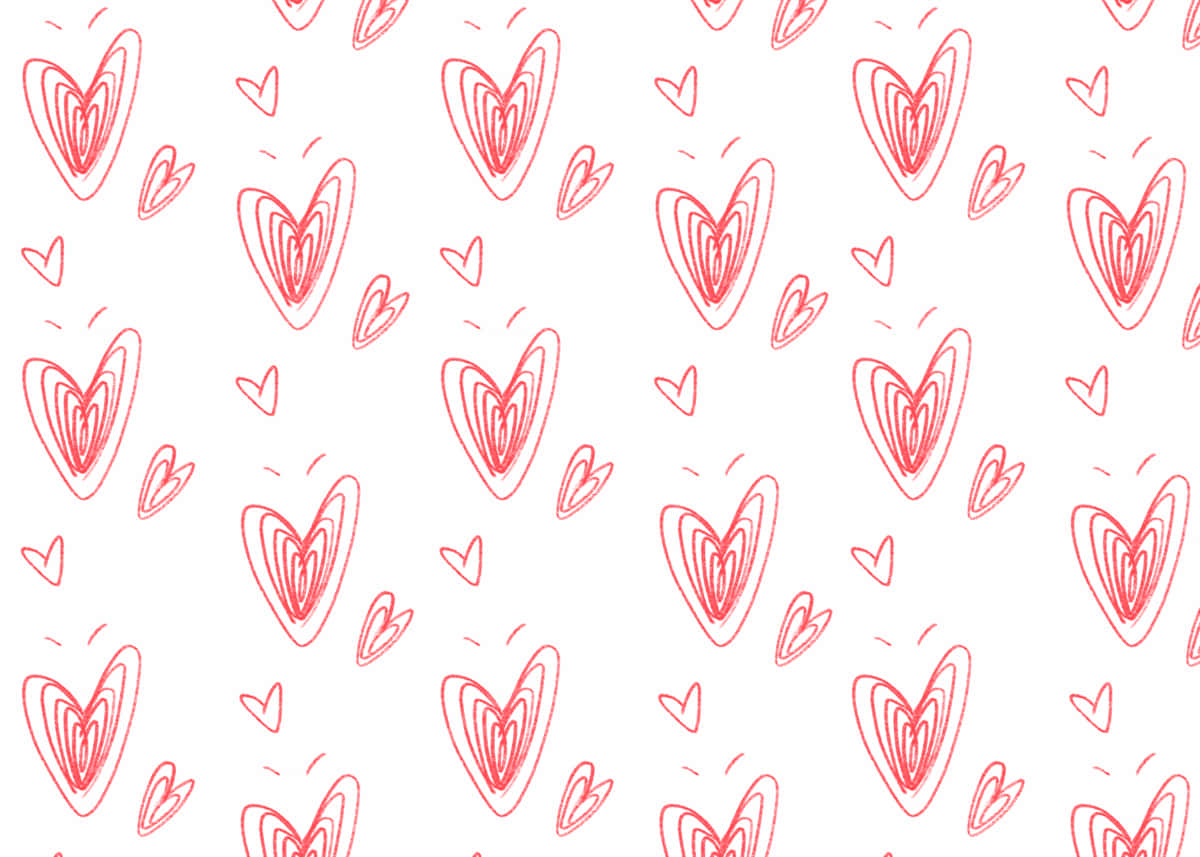Cute Hearts 桌布 壁紙 — 在潔白背景上重複出現的手繪紅色心形圖案，帶有層疊輪廓。