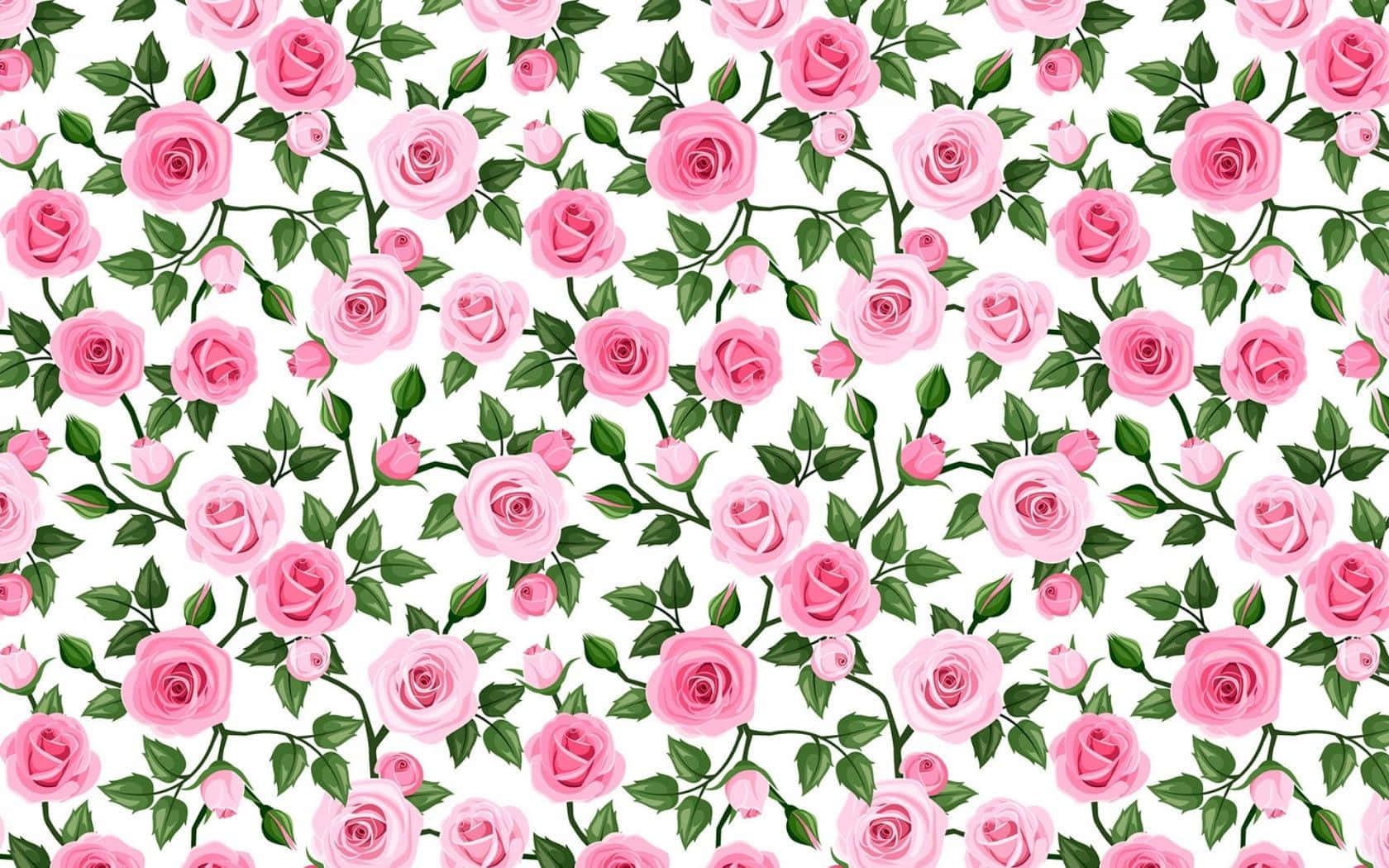 Rose Pattern 桌布 壁紙 — 在潔白背景上重複排列的粉紅玫瑰與綠葉圖案。
