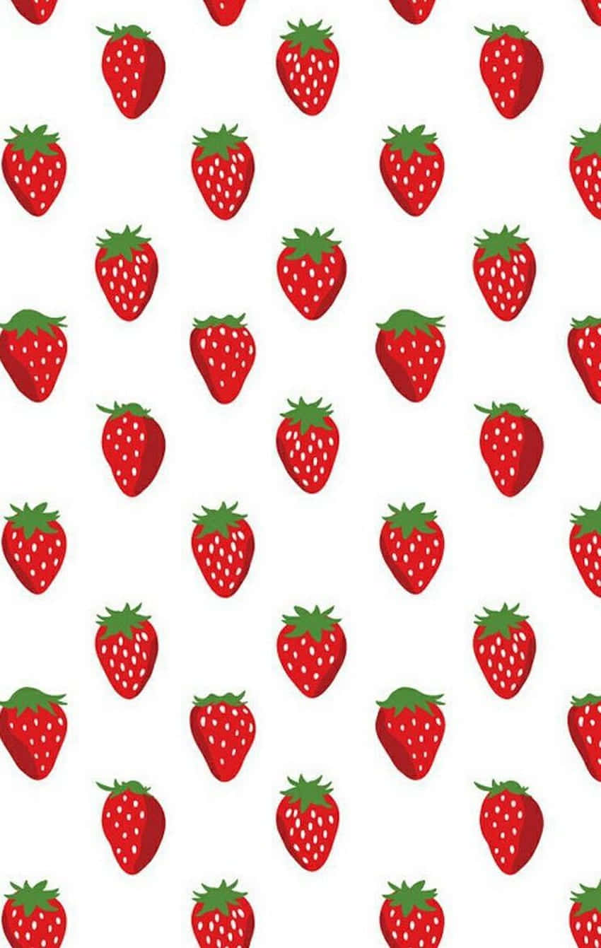Fruit 桌布 壁紙 — 在潔白背景上重複排列的鮮紅色草莓圖案，帶有綠色頂部。