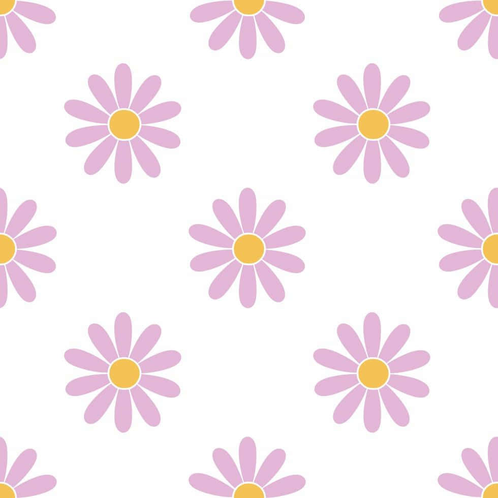 Flowers 桌布 壁紙 — 在潔白背景上重複的風格化雛菊圖案，花瓣呈薰衣草色，花心為黃色。