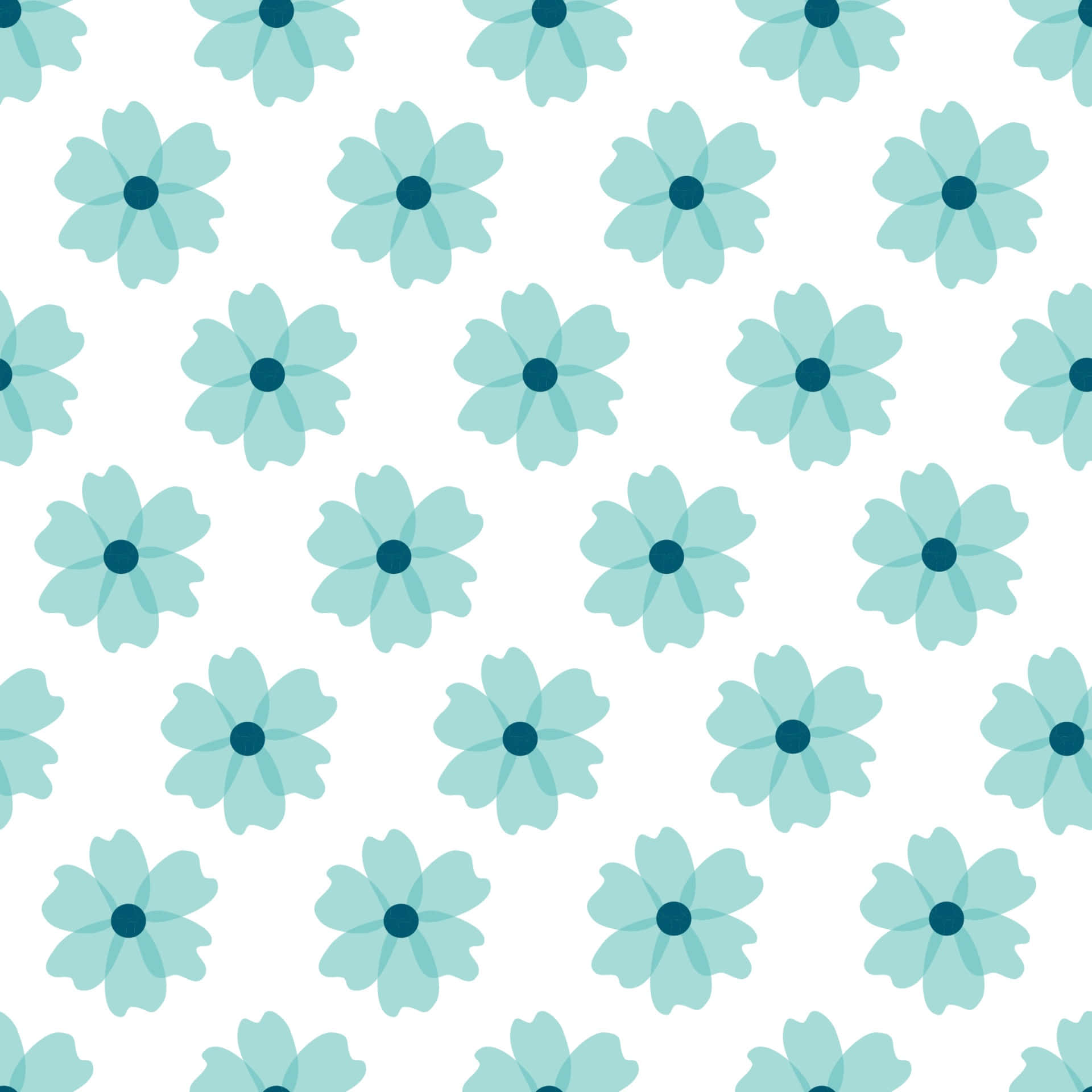 Cute Flower 桌布 壁紙 — 在潔白背景上重複的風格化青綠色花朵圖案，花朵中心為深色。