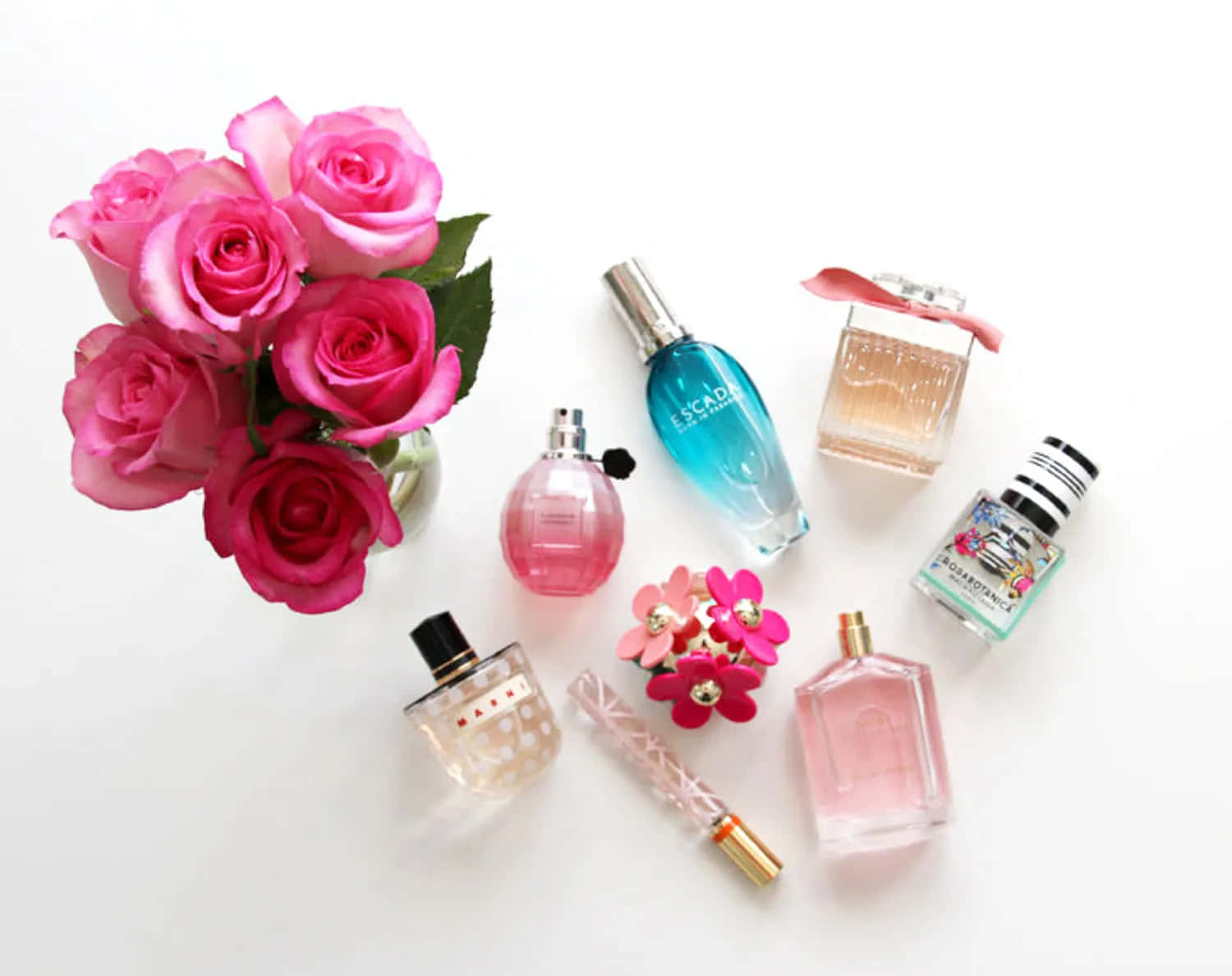 Spring Perfume 桌布 壁紙 — 在潔白表面上平鋪擺放鮮豔粉紅玫瑰與各式香水瓶。