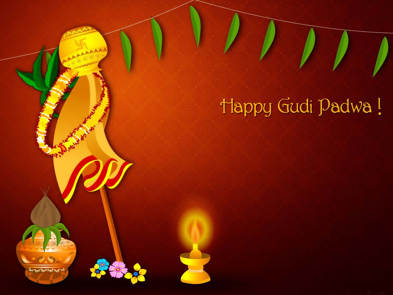 Gudi Padwa 桌布 壁紙 — 在濃郁的紅色背景上，以金色旗幟、點燃的迪亞燈和花卉裝飾慶祝Gudi Padwa節日。
