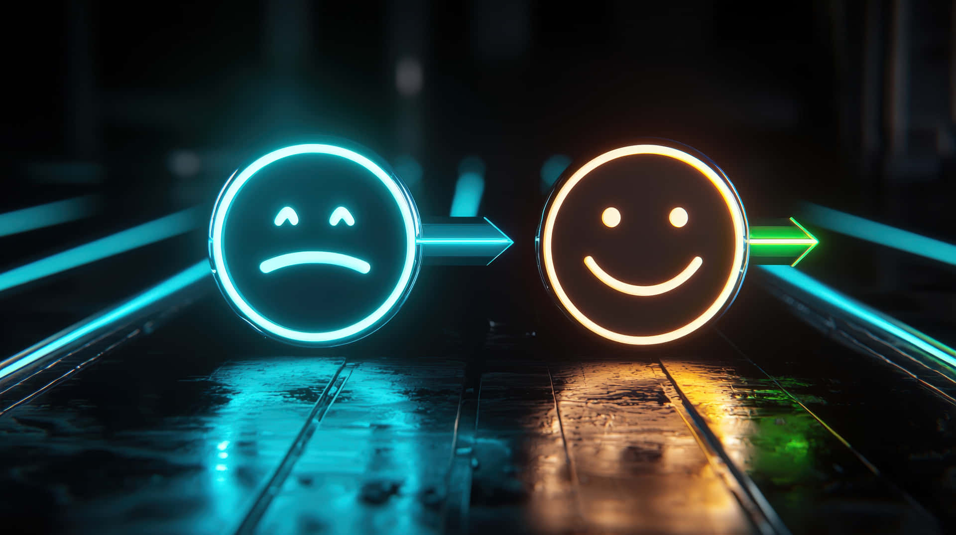Neon Happy and Sad Faces with Directional Arrows 壁紙 — 在濕滑反光的地板上，發光的霓虹燈悲傷和快樂面孔圖標，帶有指向前方的方向箭頭。