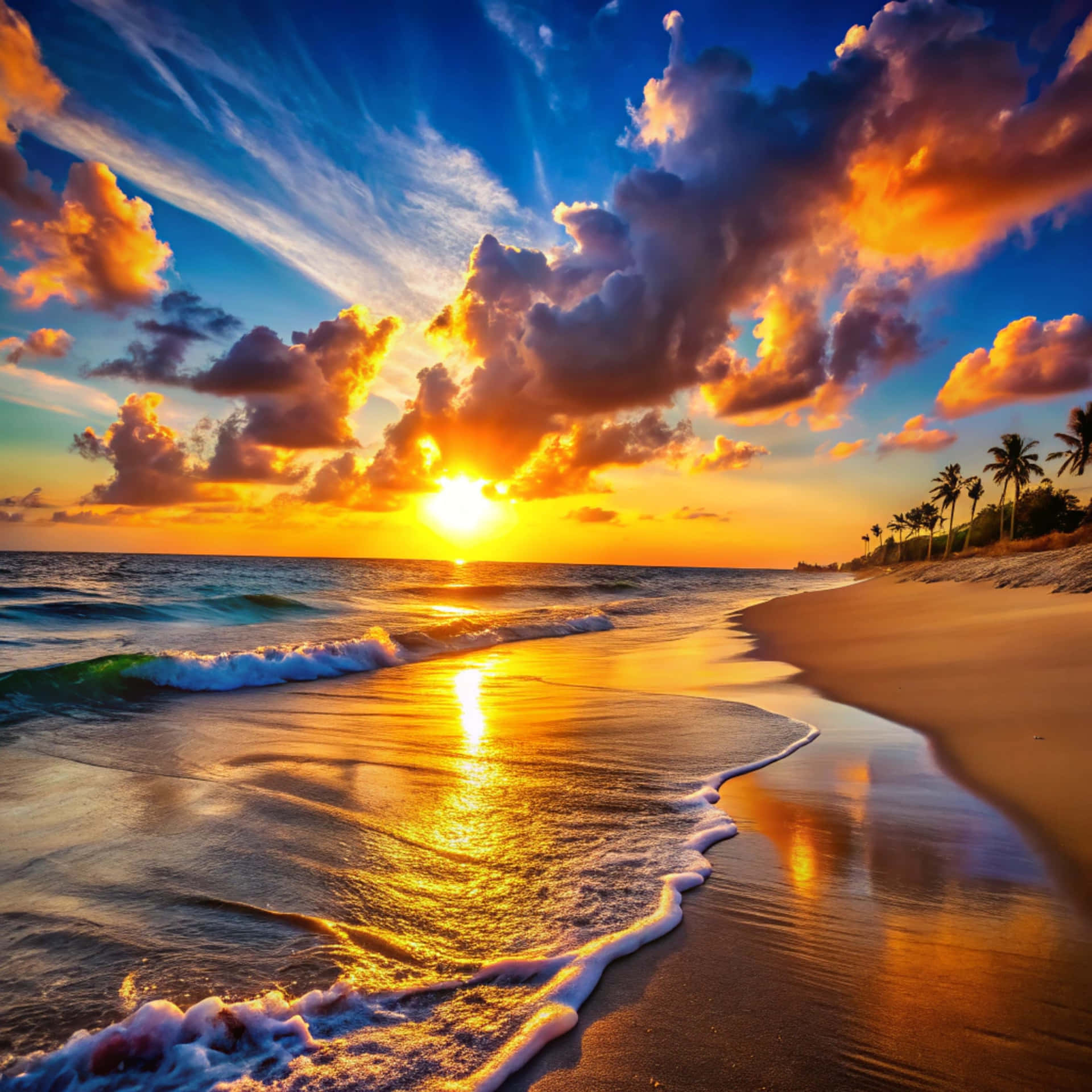 Sunset on the beach 壁紙 — 在火橙色和深藍色雲彩繪成的天空下，金色海浪拍打濕沙的熱帶海灘上充滿活力的日落。
