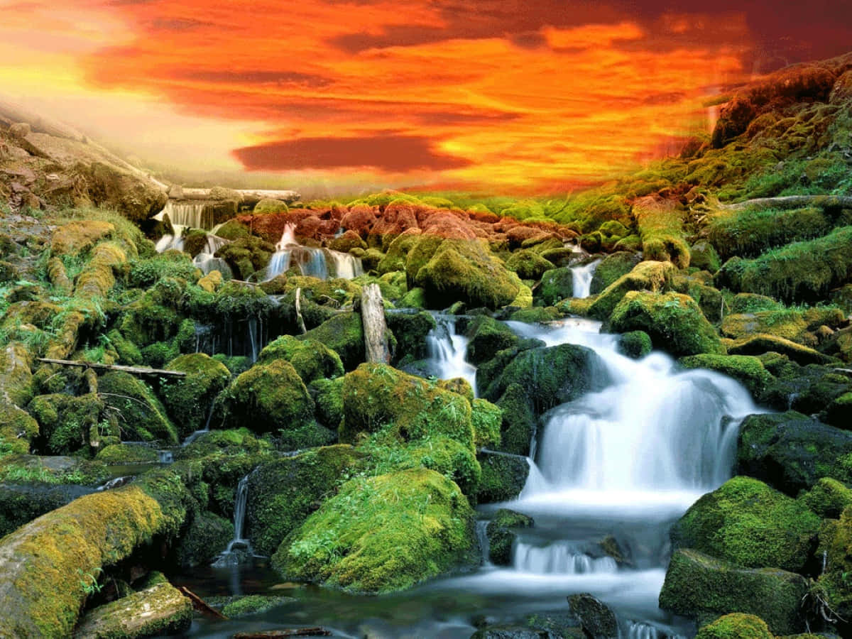 3d Waterfall 桌布 壁紙 — 在火紅橙色的日落天空下，一條充滿活力的瀑布從長滿苔蘚的岩石上傾瀉而下。