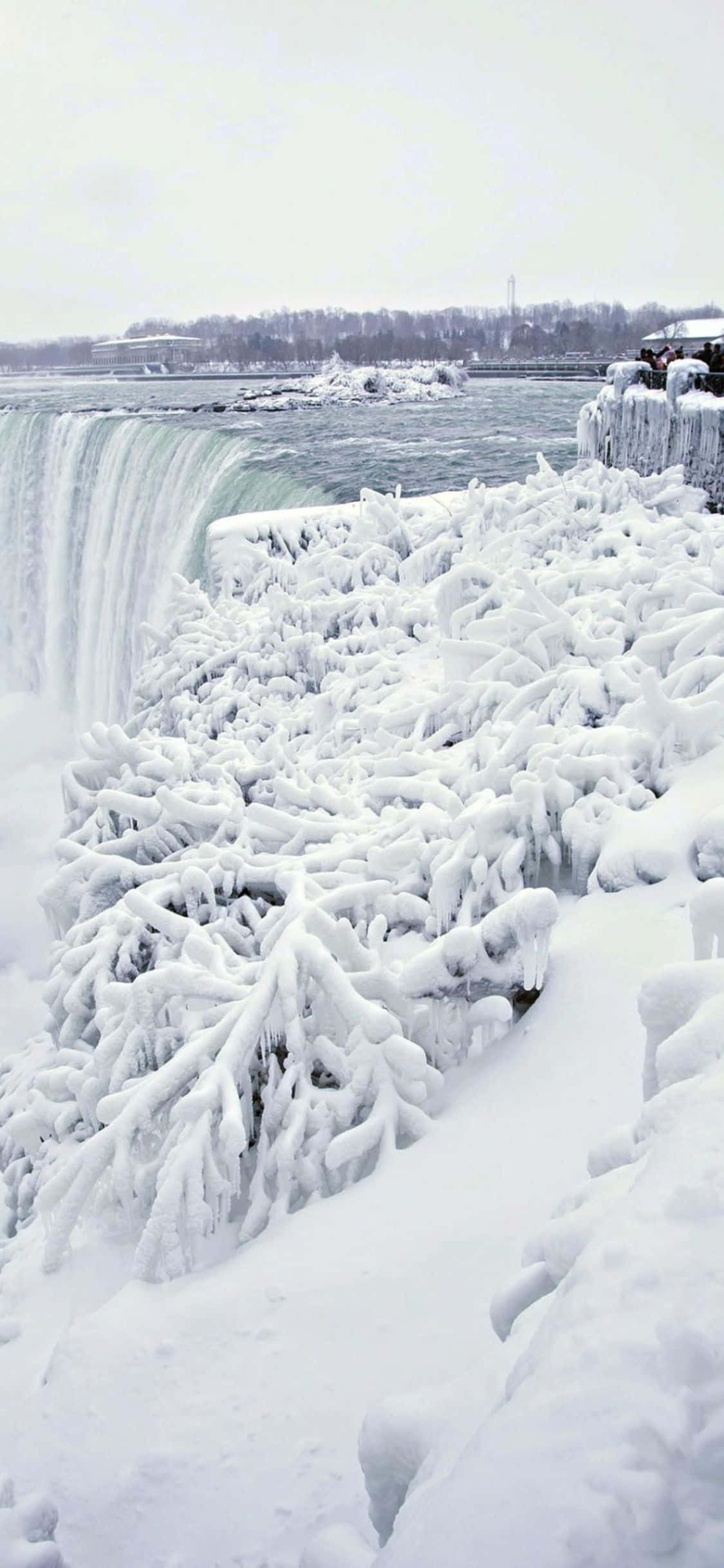 Niagara Falls 桌布 壁紙 — 在灰色冬日天空下，冰凍瀑布從被雪覆蓋的冰崖上傾瀉而下。