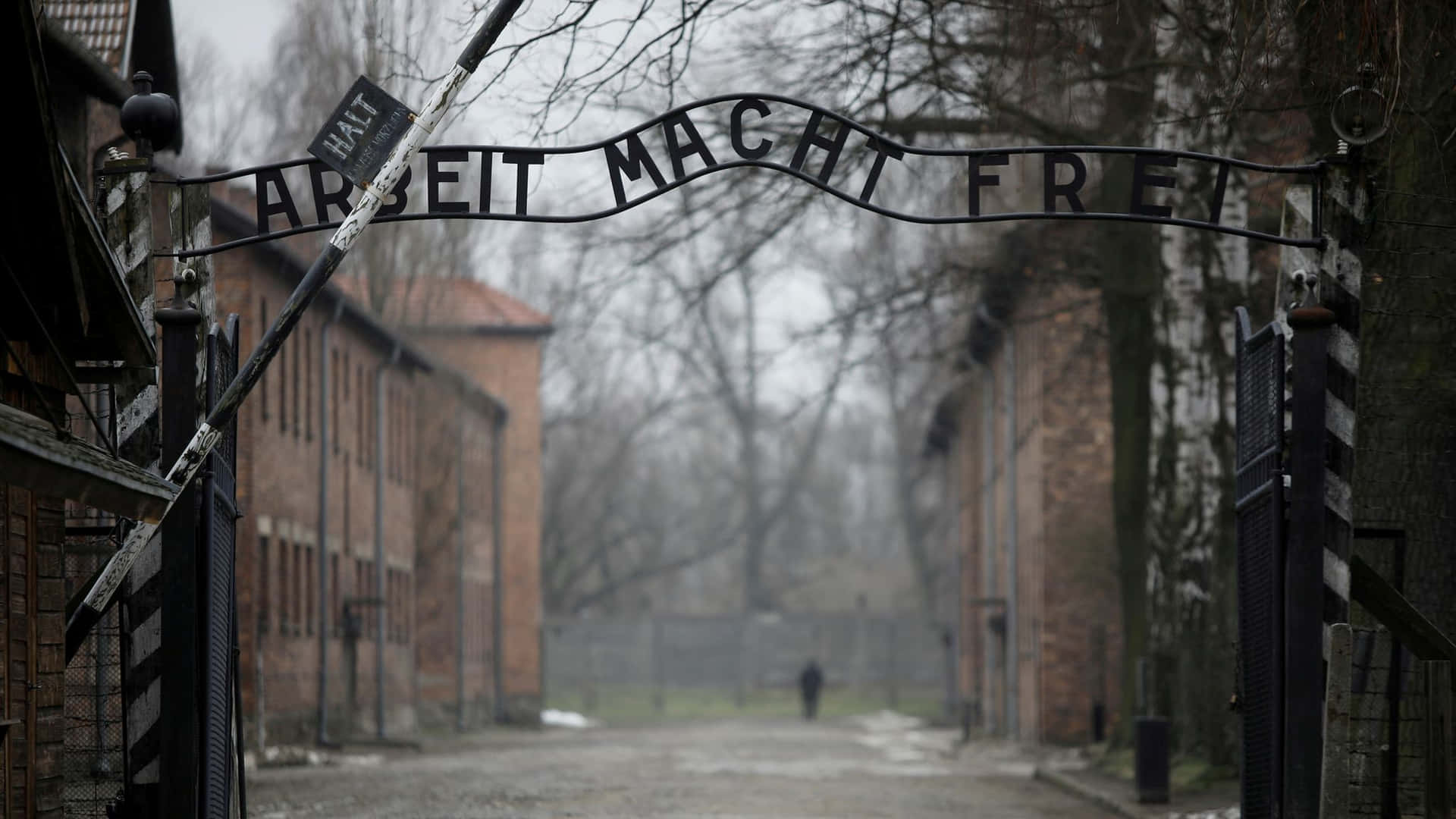 冬季的奧斯威辛集中營入口，帶有『Arbeit Macht Frei』標誌和磚砌建築。 — 波蘭 GIF 壁紙