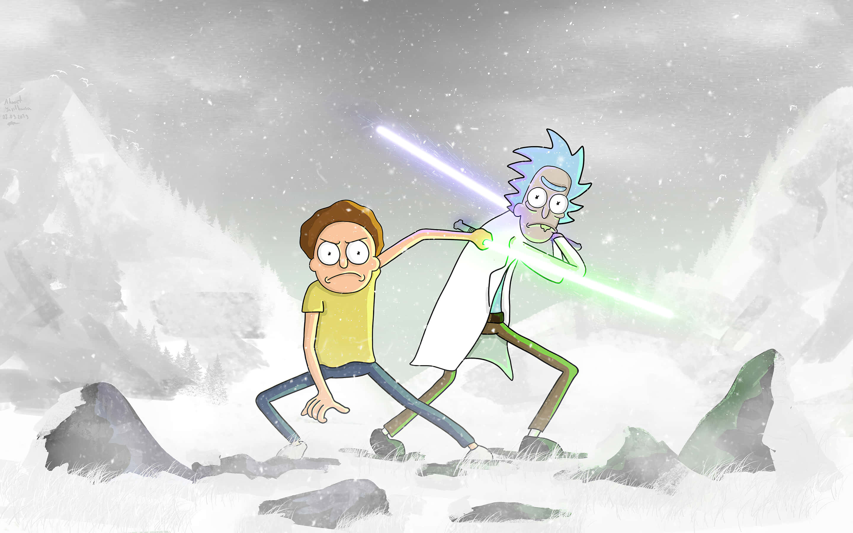 Rick And Morty Macbook 桌布 壁紙 — 在灰色天空下，瑞克和莫蒂在雪地山景中用發光的光劍決鬥。