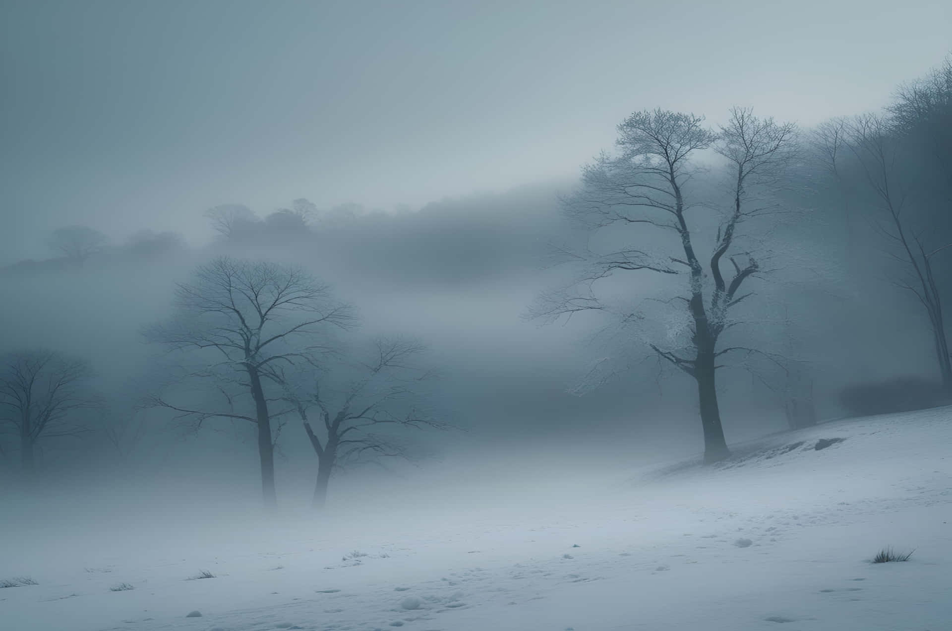 Winter hill and tree background 壁紙 — 在灰色天空下，被濃霧籠罩的雪坡上，光禿禿的樹木剪影升起。