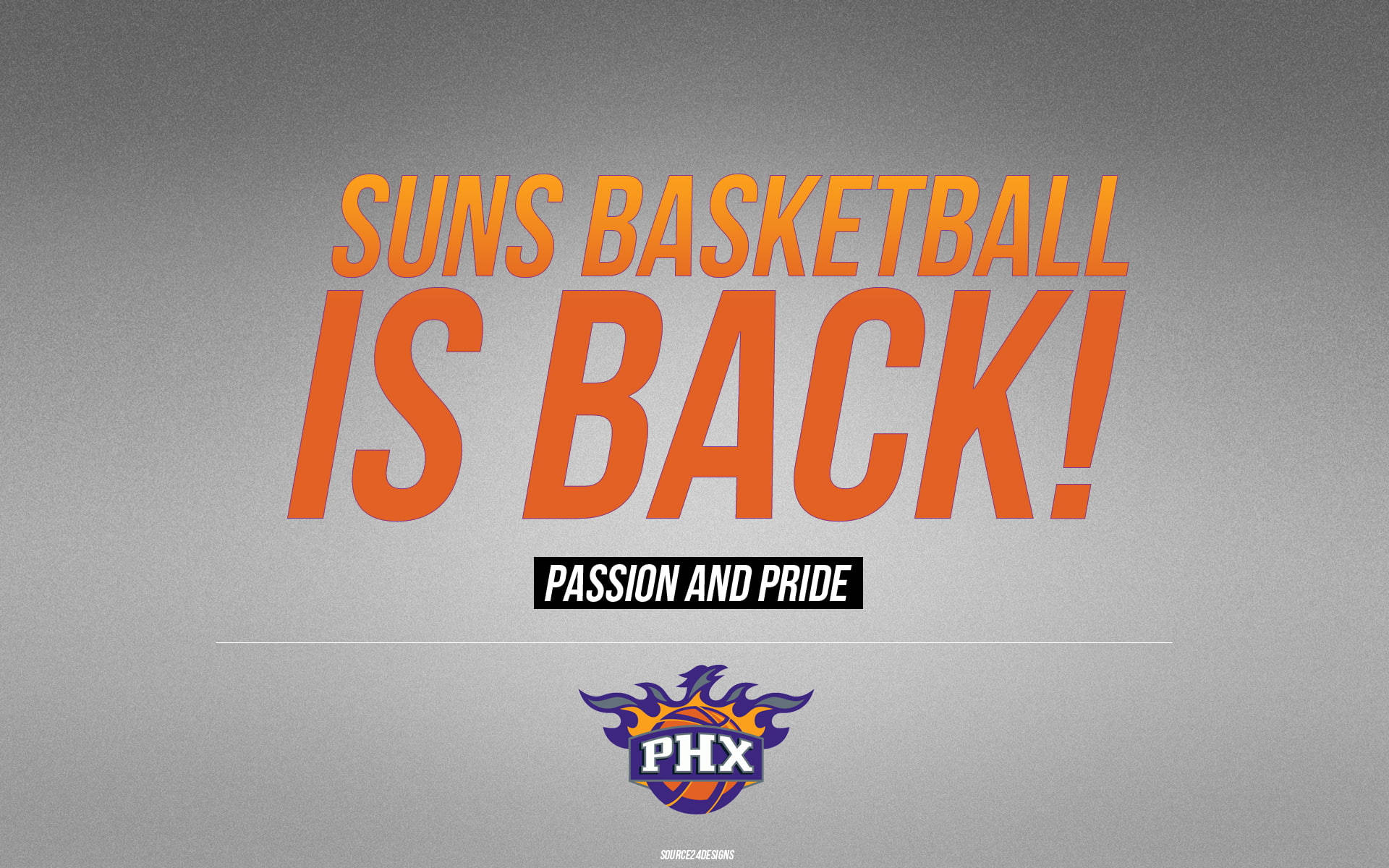Suns 桌布 壁紙 — 在灰色漸變背景上，鳳凰城太陽隊標誌上方以粗體橙色文字宣告「Suns Basketball Is Back!」。