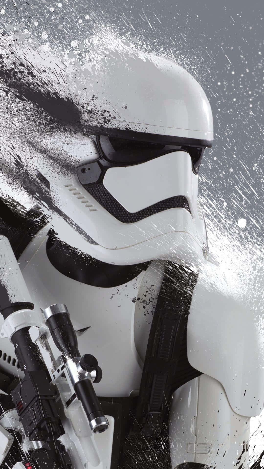 Star Wars Phone 桌布 壁紙 — 在灰色背景上，一個風暴兵頭盔和裝甲濺滿了動態的黑白油漆。