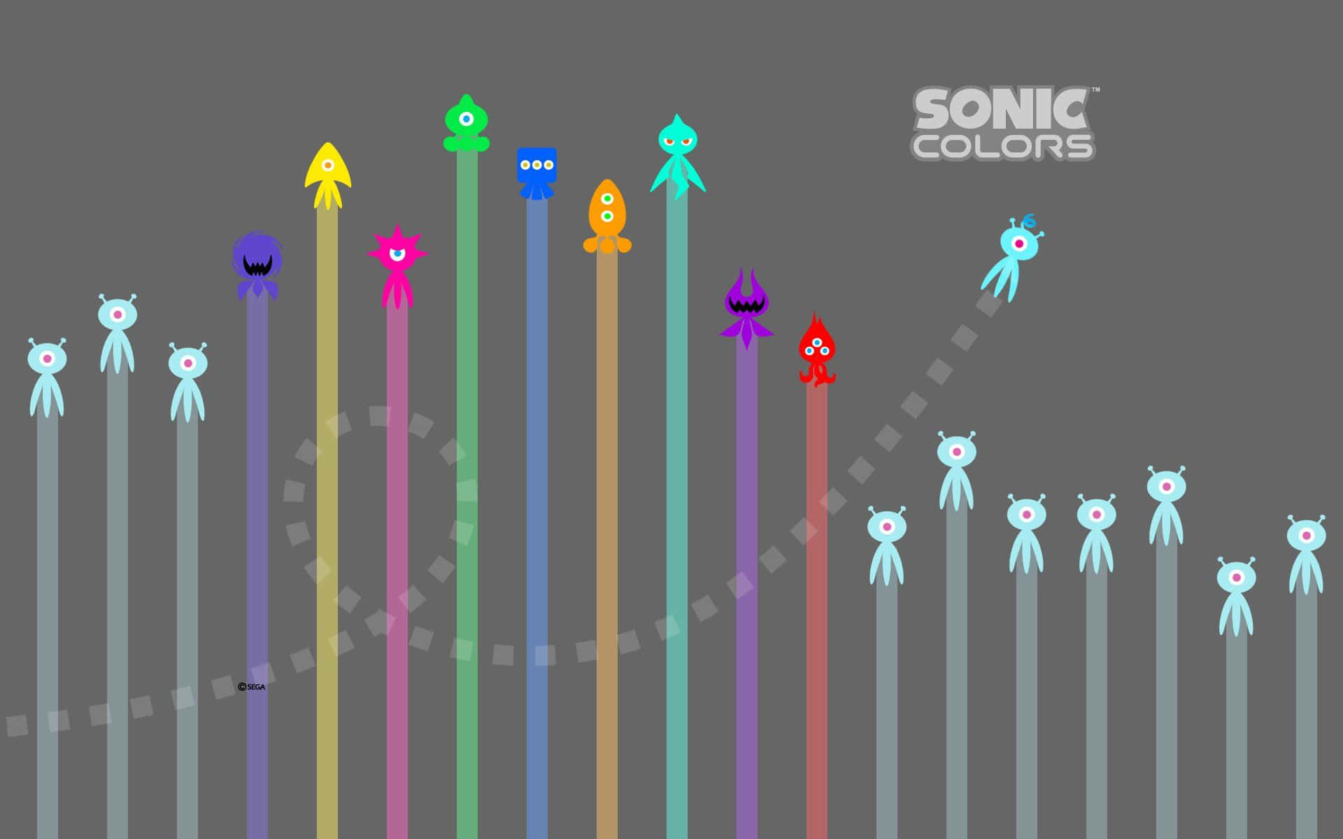 桌布 壁紙 — 在灰色背景的Sonic Colors遊戲場景中，高桿上色彩繽紛的外星角色。