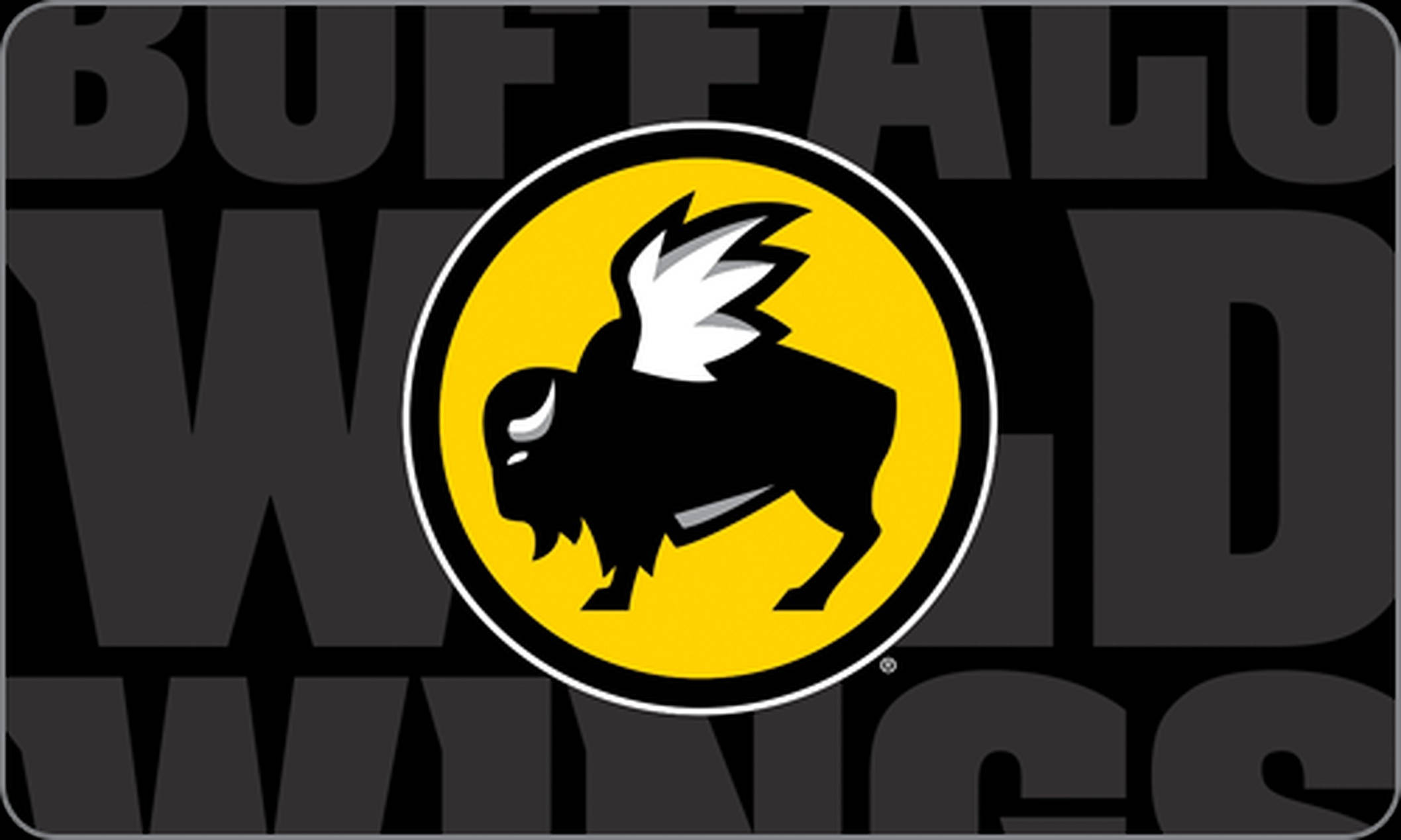Wild 桌布 壁紙 — 在灰色重複的「BUFFALO WILD WINGS」文字背景上，黃色圓圈內有帶白色翅膀的大膽黑色水牛標誌。
