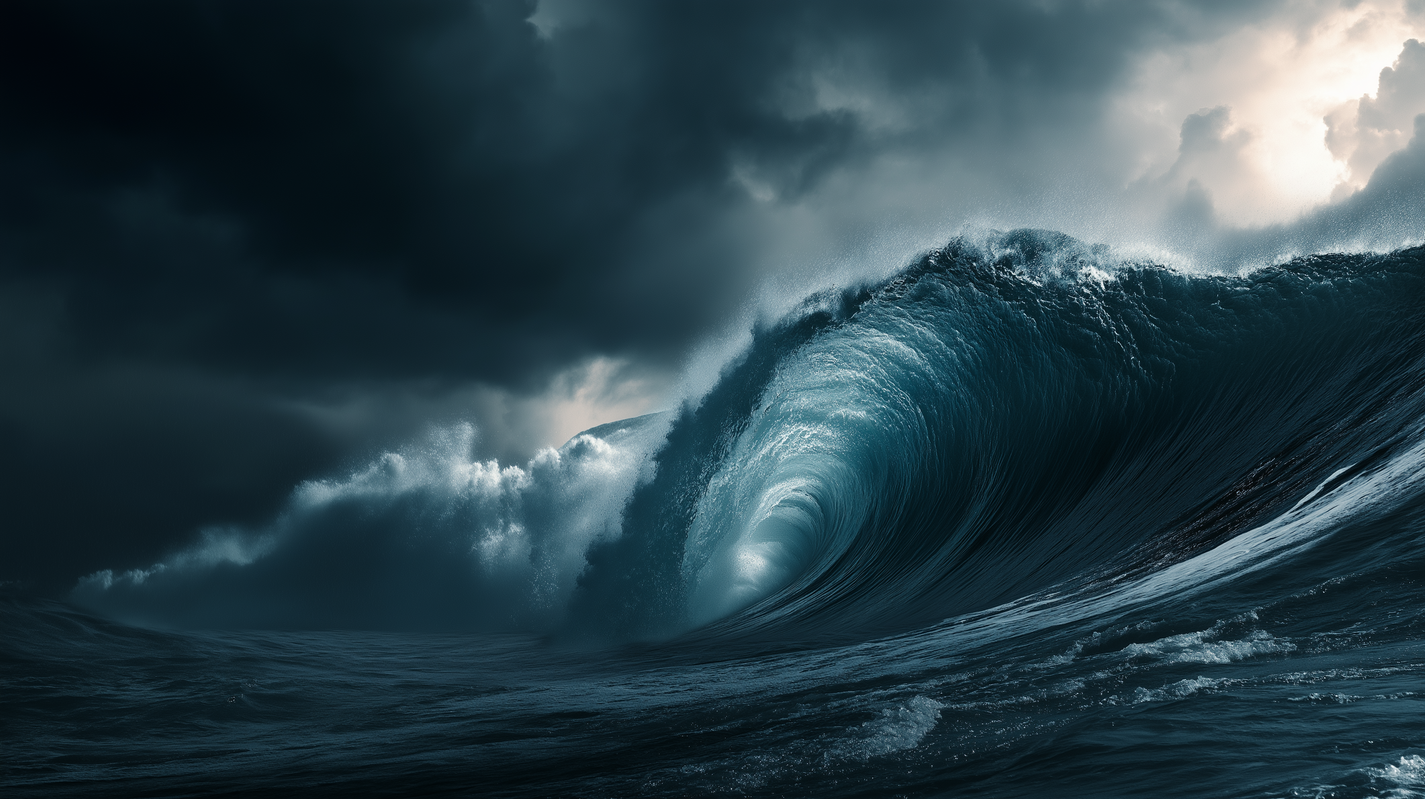 Wave 桌布 壁紙 — 在烏雲密佈、暴風雨的天空下，一道巨大的藍綠色波浪捲起，一道明亮的光線穿透雲層。