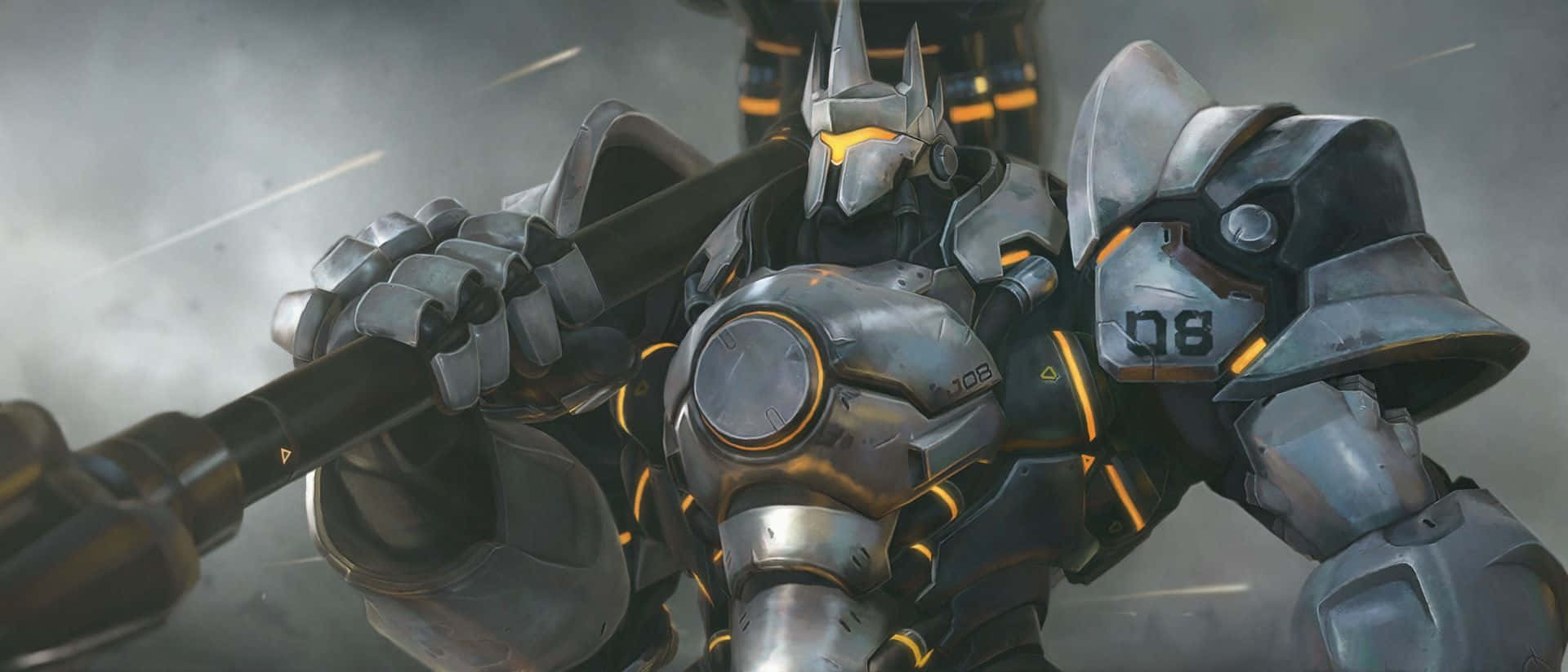 Overwatch Reinhardt 桌布 壁紙 — 在煙霧瀰漫的戰場上，一座高聳的裝甲機甲帶有發光橙色點綴，緊握著一把巨大的武器。