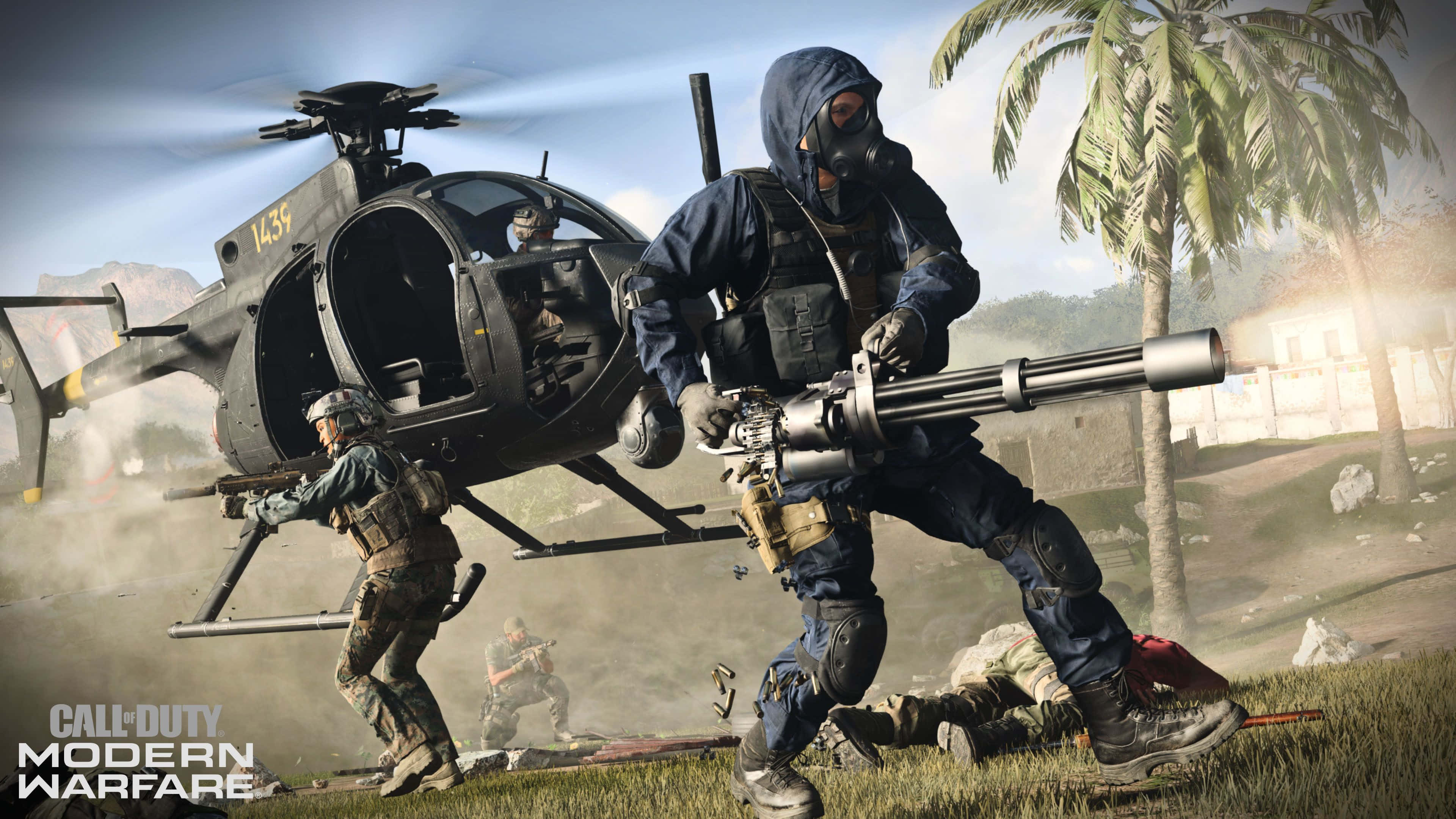 4K Call Of Duty Modern Warfare 桌布 壁紙 — 在熱帶叢林中，身穿戰術裝備的士兵在懸停的軍用直升機附近開火。