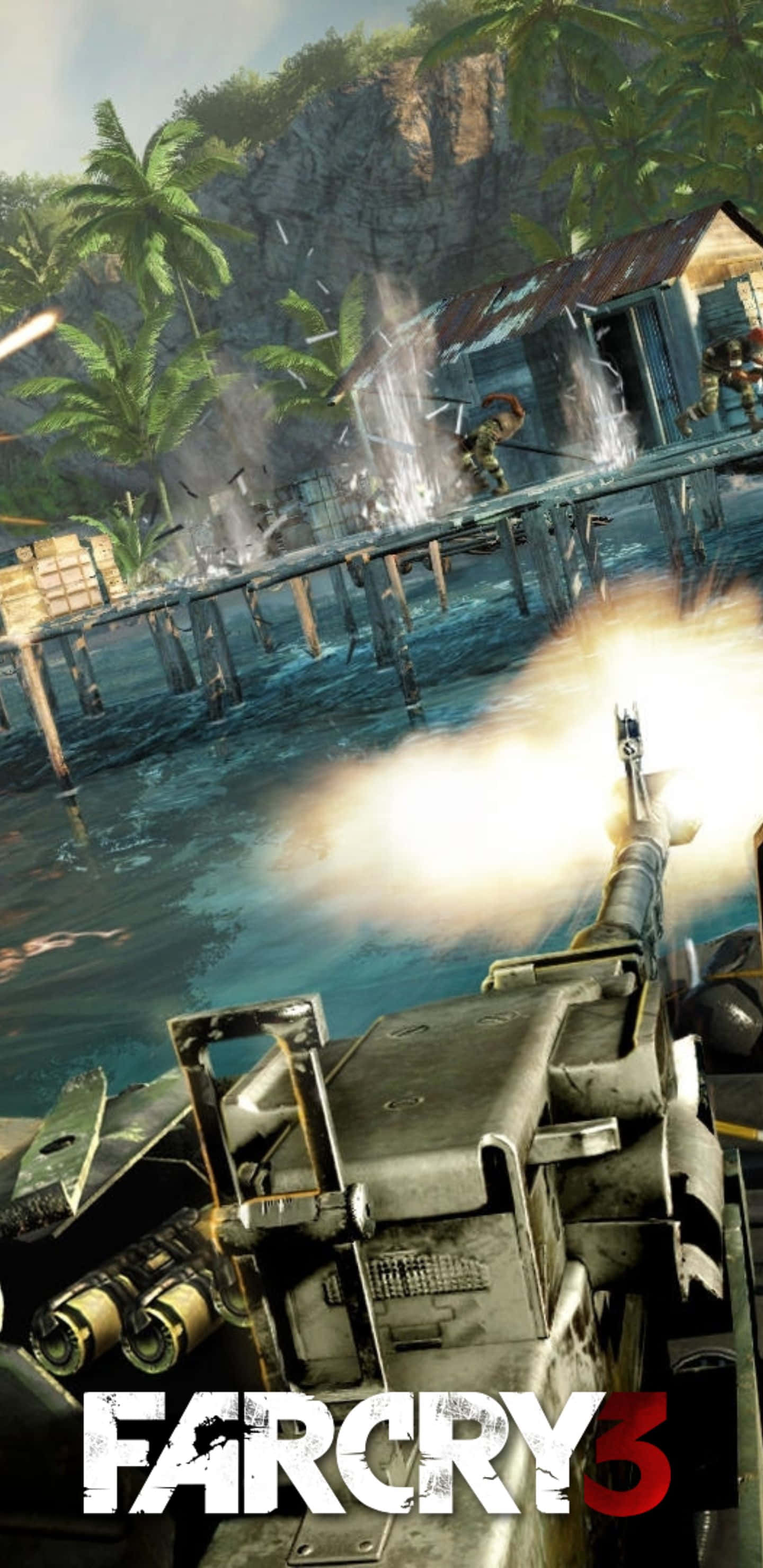 Pixel 3xl Far Cry 3 桌布 壁紙 — 在熱帶島嶼上，木製碼頭和棕櫚樹附近爆發槍戰的第一人稱射擊動作。
