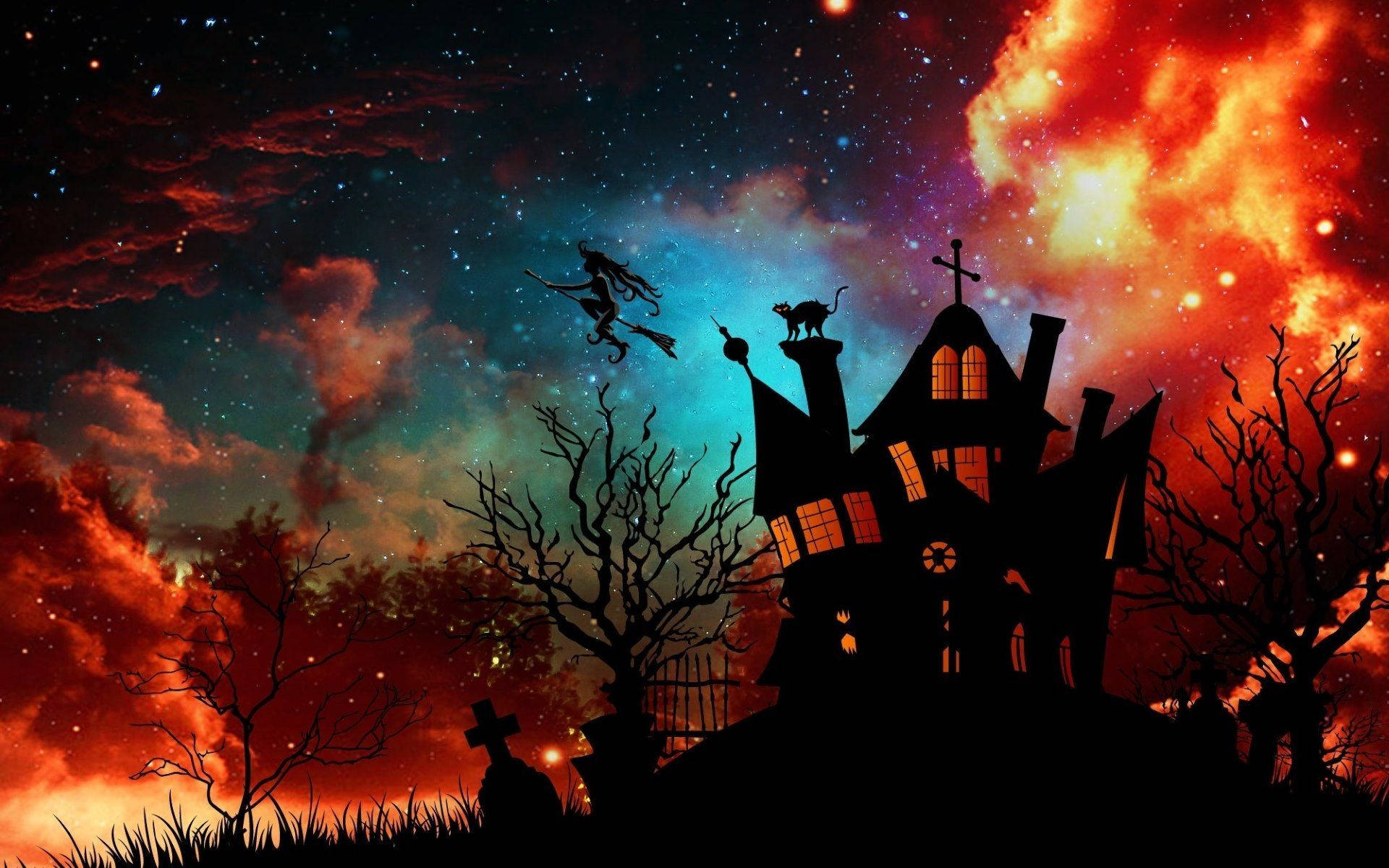 Cute Aesthetic Halloween 桌布 壁紙 — 在熾熱星空下，一間陰森鬼屋的剪影，女巫飛過，貓咪蹲在屋頂上。