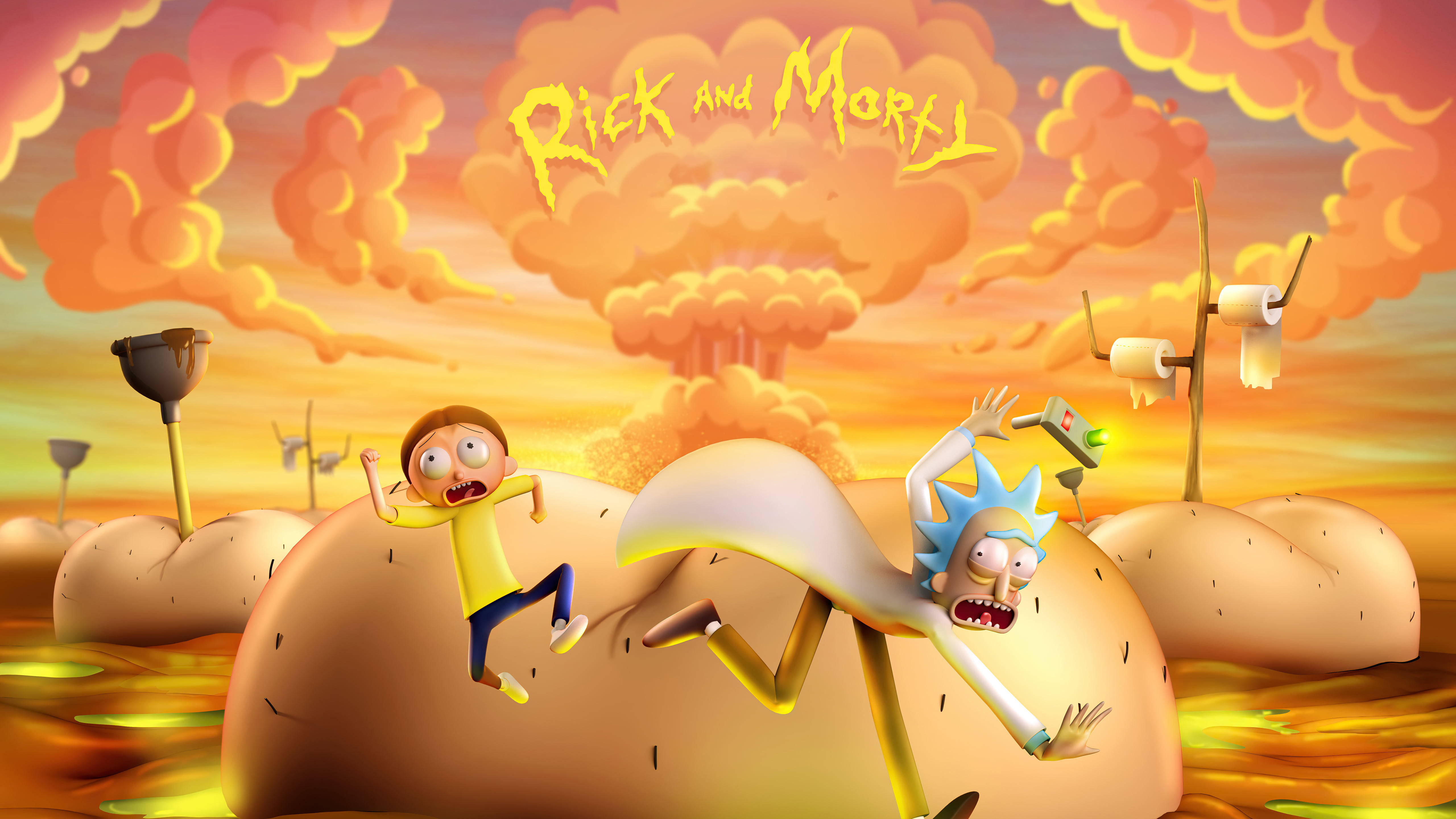瑞克和莫蒂 桌布 壁紙 — 在熾熱橙色天空下，Rick和Morty驚慌地跳過一個有巨型馬鈴薯的超現實景觀。