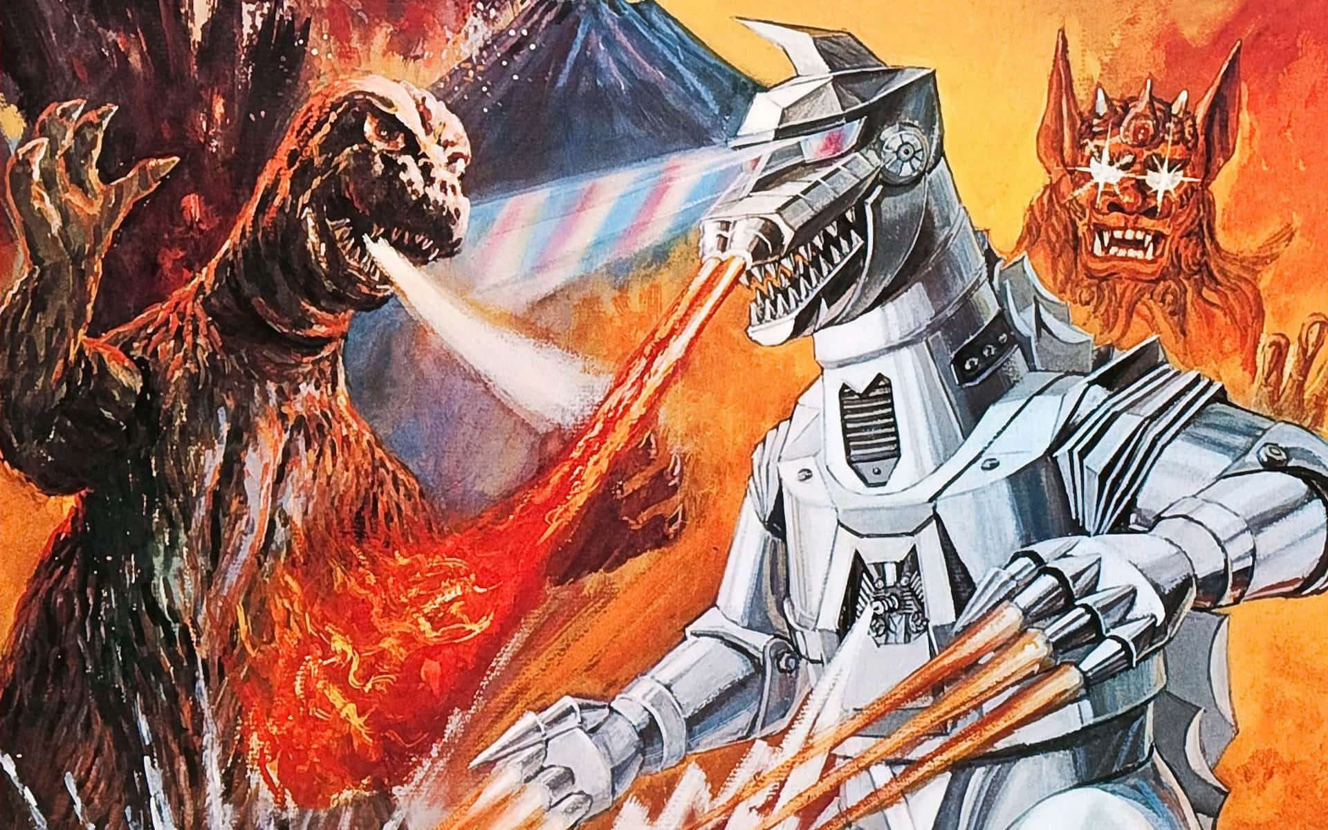 Robot Godzilla 桌布 壁紙 — 在熾熱的天空下，一個火熱的哥吉拉在火山景觀中與銀色機器人和惡魔野獸戰鬥。