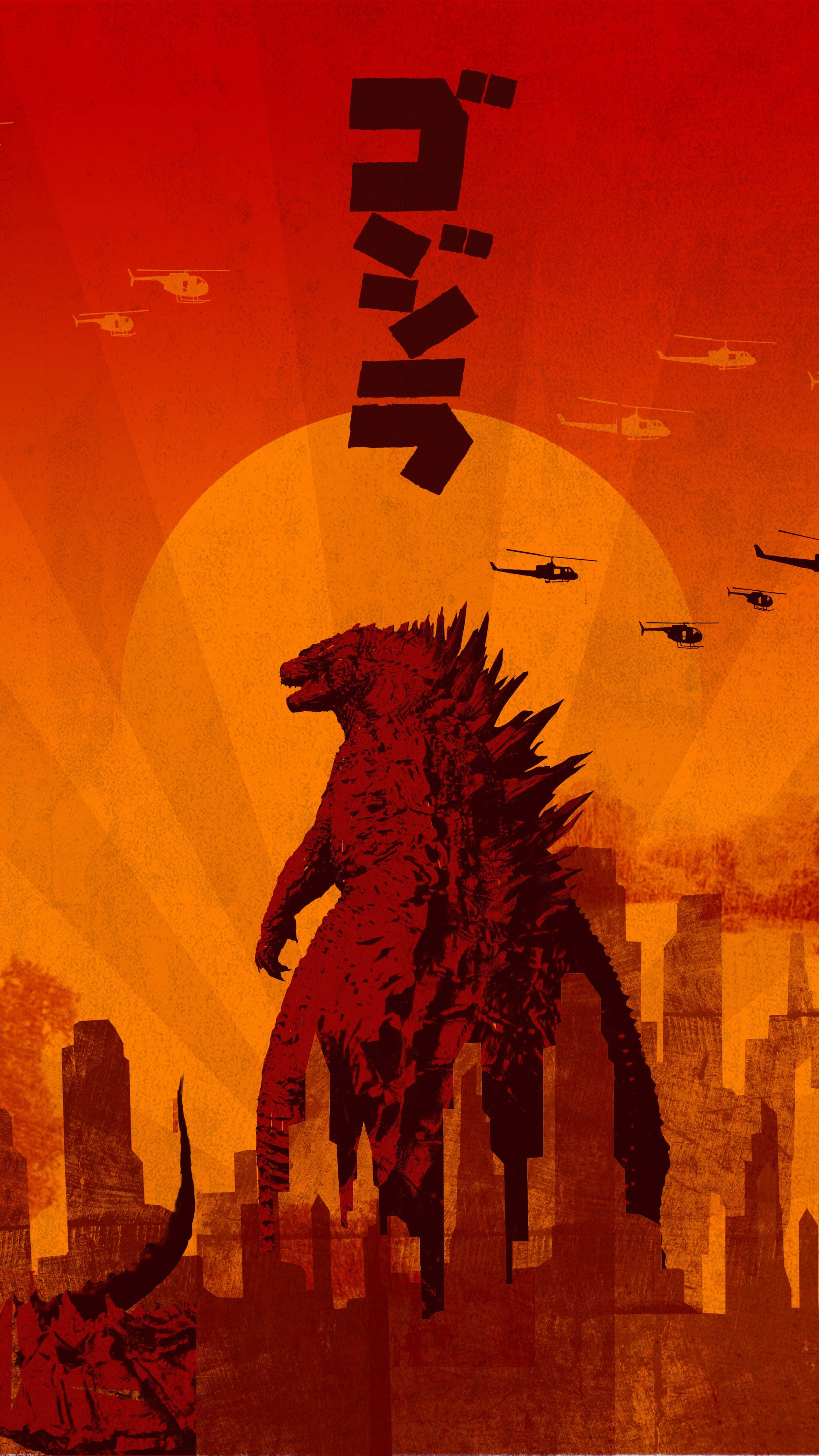 Godzilla 2014 桌布 壁紙 — 在熾熱的橙色太陽下，高聳的哥吉拉剪影矗立在廢墟城市景觀中，直升機在上空飛過。