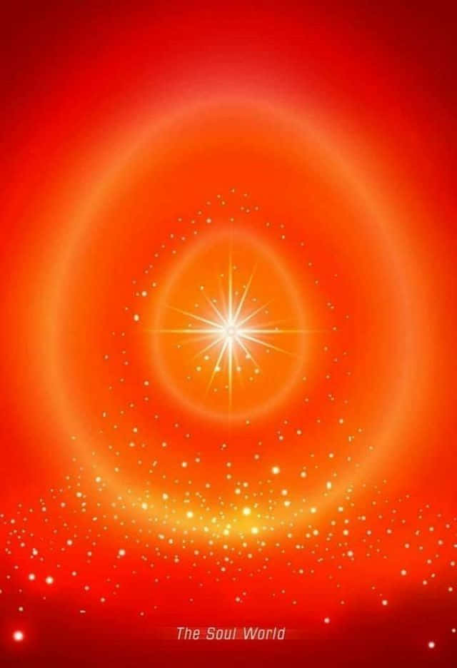 Brahma Kumaris 桌布 壁紙 — 在熾熱的紅色漸變背景上，同心發光環的中心閃耀著光芒四射的星爆。