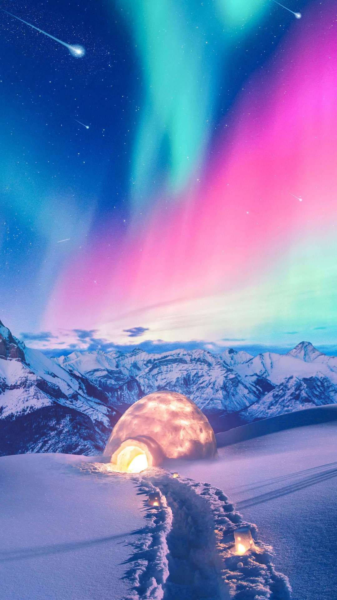 Screen 桌布 壁紙 — 在燦爛極光和流星下，雪山上一個發光的圓頂形庇護所。