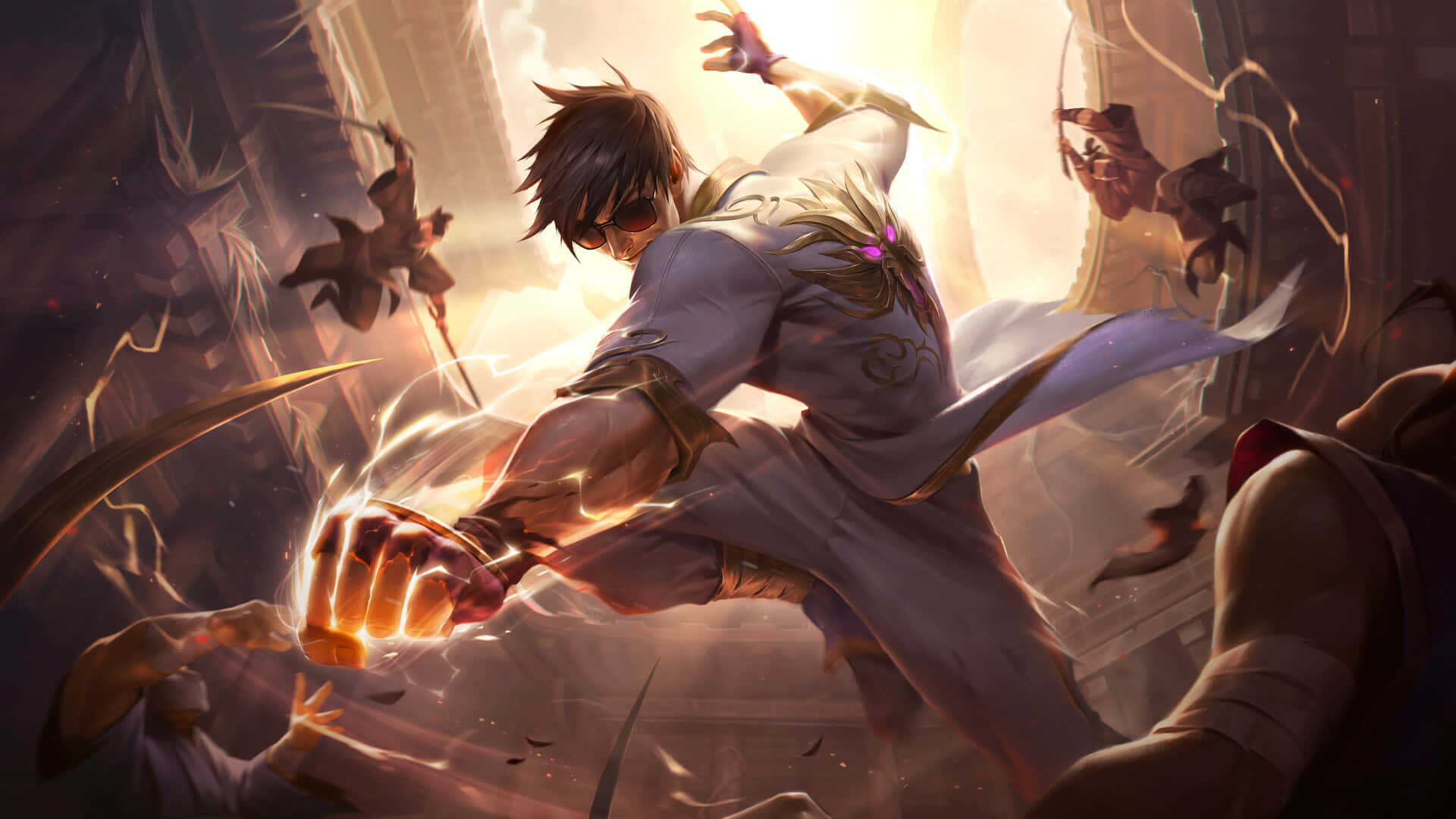 1920x1080 League Of Legends 桌布 壁紙 — 在燦爛的天空下，一位充滿活力的動漫戰士在崩塌的廢墟和飛舞的敵人中釋放出發光的拳頭。