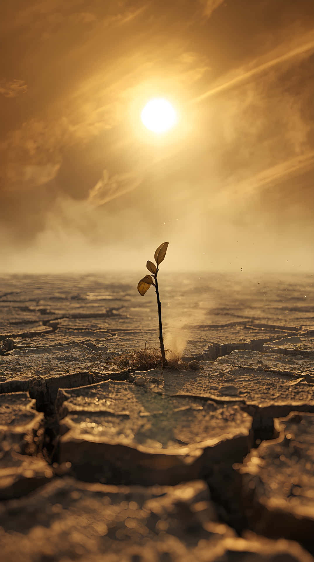 Survival in the Desert 壁紙 — 在燦爛的金色太陽透過朦朧雲層投射出戲劇性光線的背景下，一棵孤獨而堅韌的幼苗從龜裂的土地中冒出。