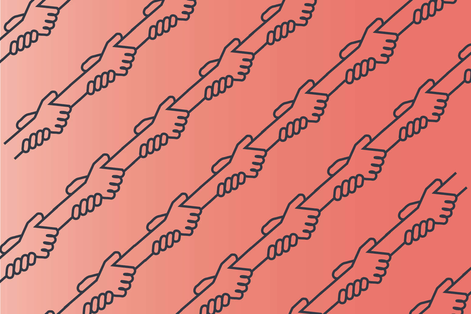 Pattern Desktop 桌布 壁紙 — 在珊瑚漸層背景上，黑色輪廓的手以對角線方式握手的重複圖案。